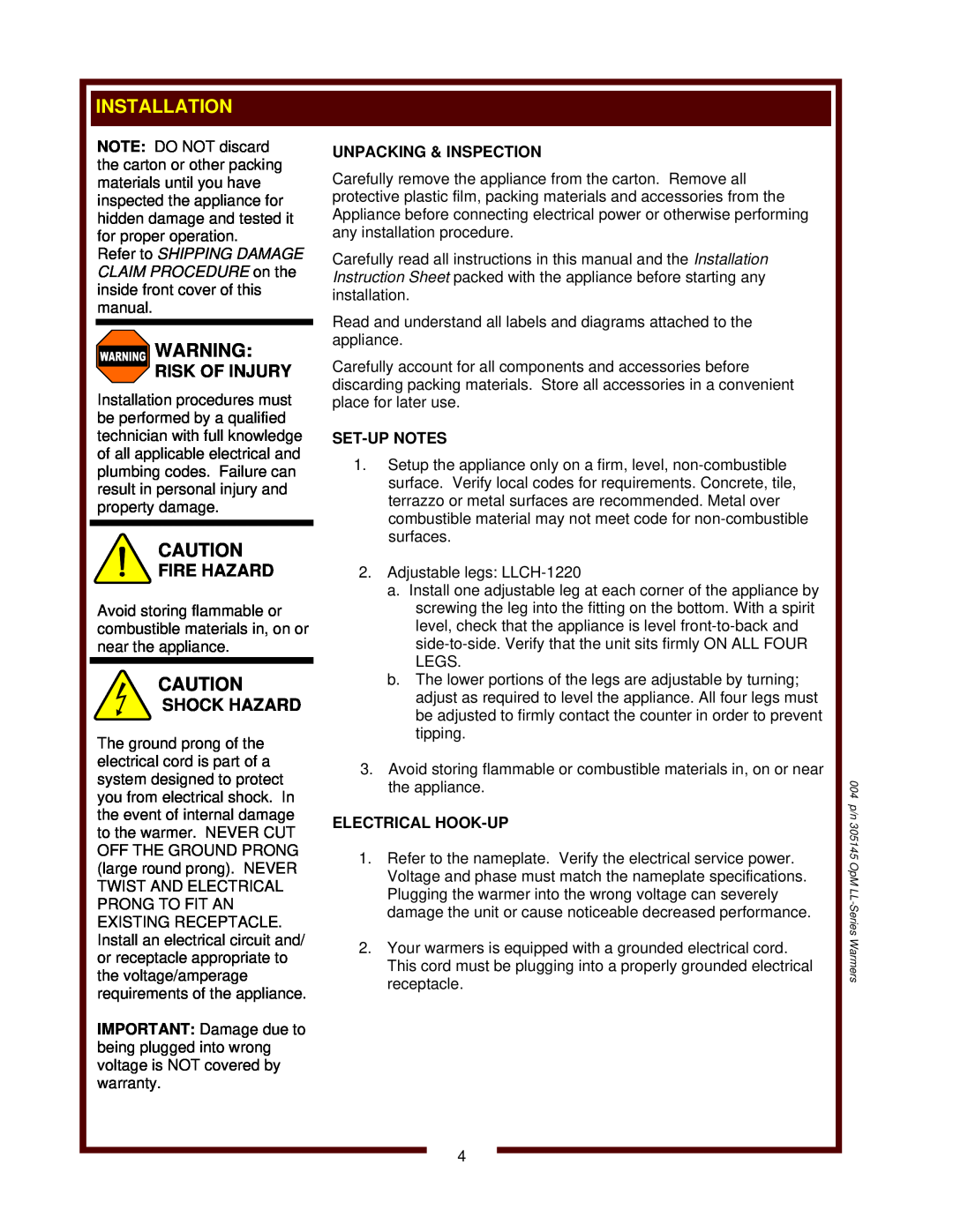 Wells SC-1, SC-7, 6411 Risk Of Injury, Fire Hazard, Shock Hazard, Unpacking & Inspection, Set-Upnotes, Electrical Hook-Up 