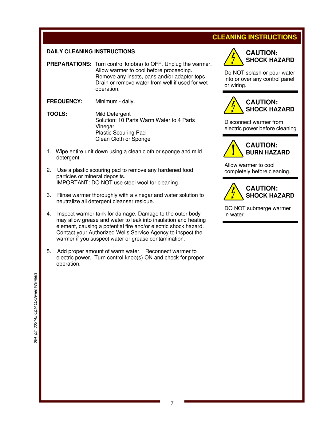 Wells 6411, SC-7, SC-1, LLCH-1220 operation manual Burn Hazard, Shock Hazard, Daily Cleaning Instructions 
