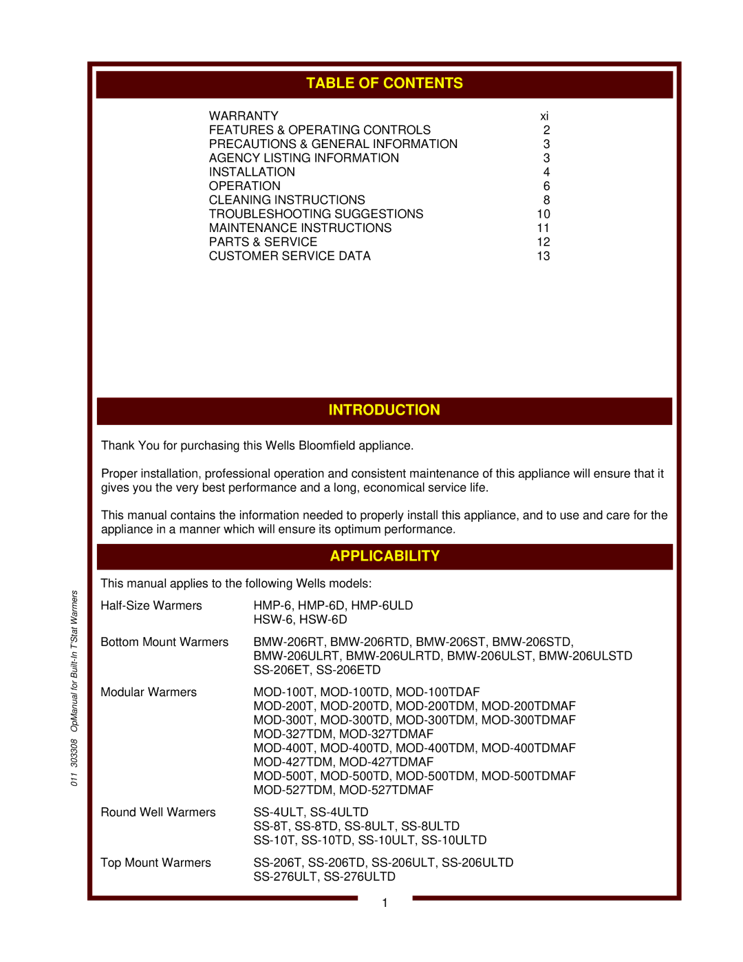 Wells SS-10ULTD, MOD-427TDMAF, BMW-206RTD operation manual Introduction 