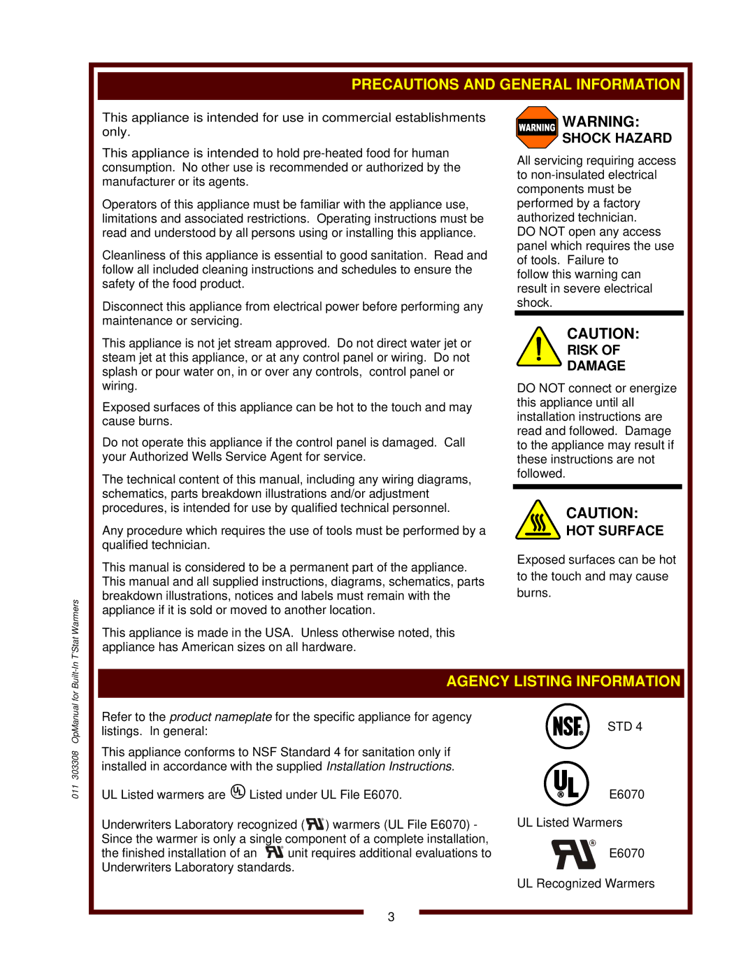 Wells BMW-206RTD, SS-10ULTD, MOD-427TDMAF operation manual Agency Listing Information 