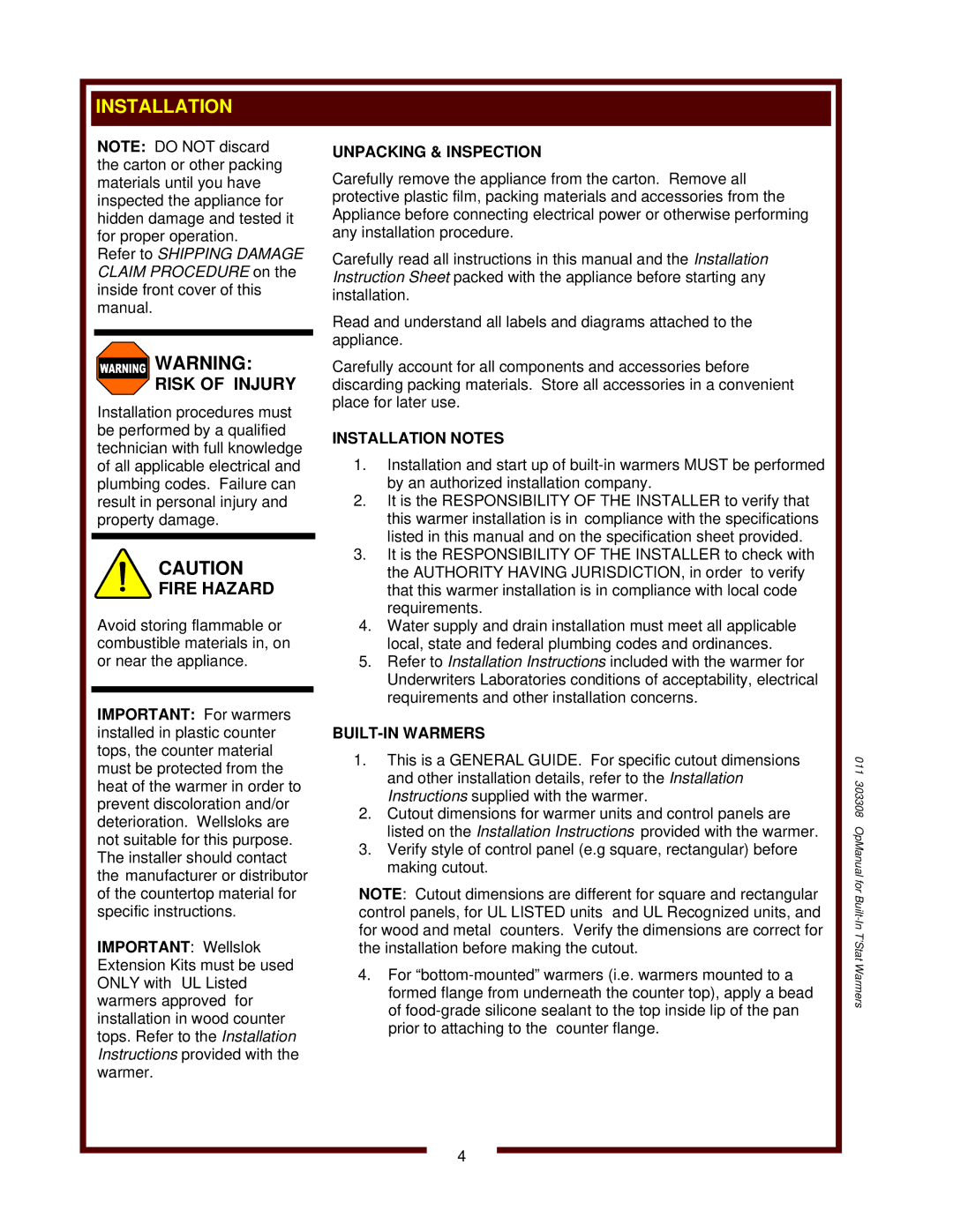 Wells SS-10ULTD, MOD-427TDMAF, BMW-206RTD operation manual 011 303308 OpManual for Built-In T’Stat Warmers 