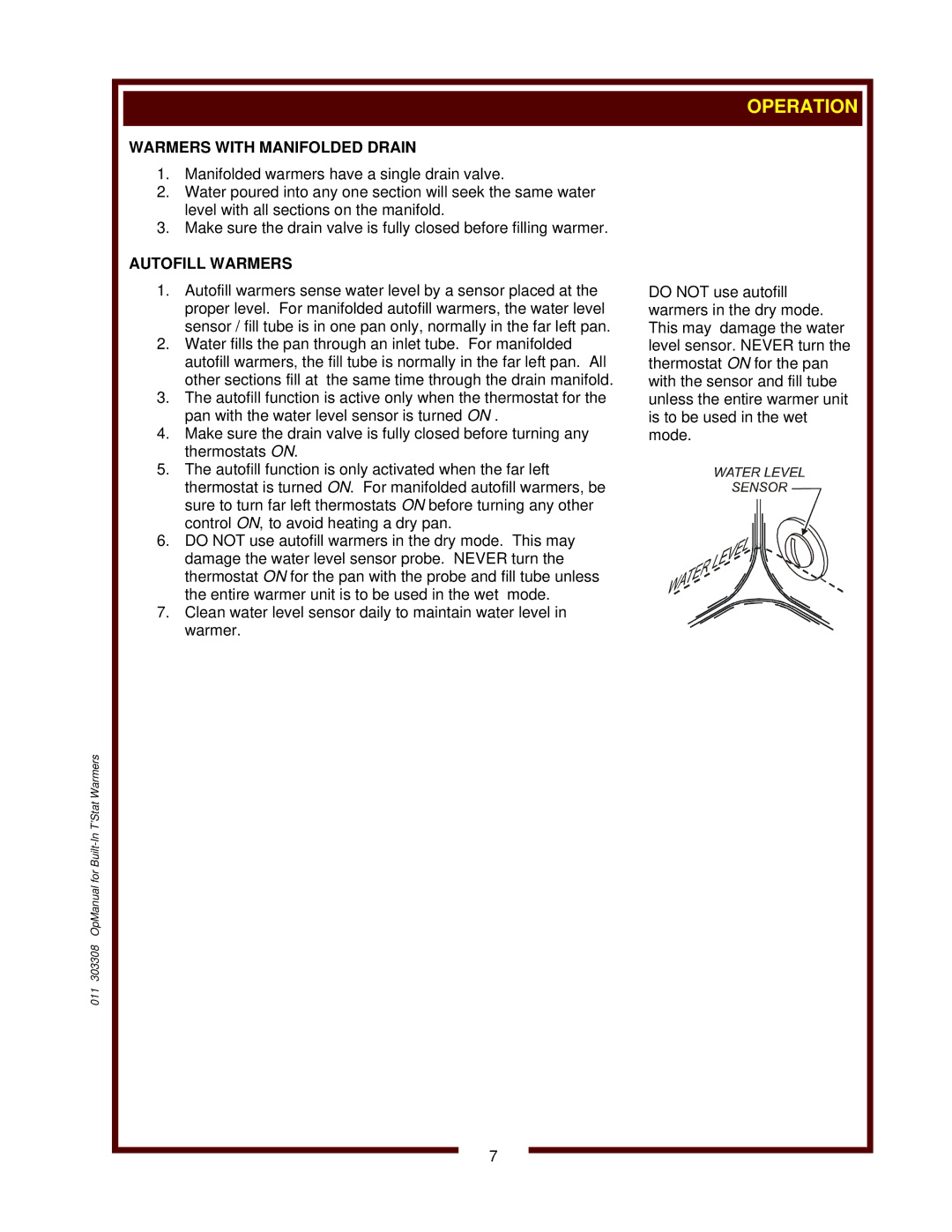 Wells SS-10ULTD, MOD-427TDMAF, BMW-206RTD operation manual 011 303308 OpManual for Built-In T’Stat Warmers 