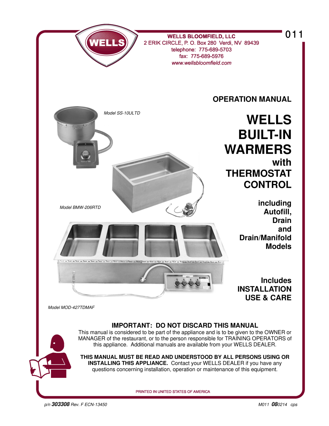 Wells MOD-427TDMAF operation manual with THERMOSTAT CONTROL, Important Do Not Discard This Manual, Wells Built-Inwarmers 