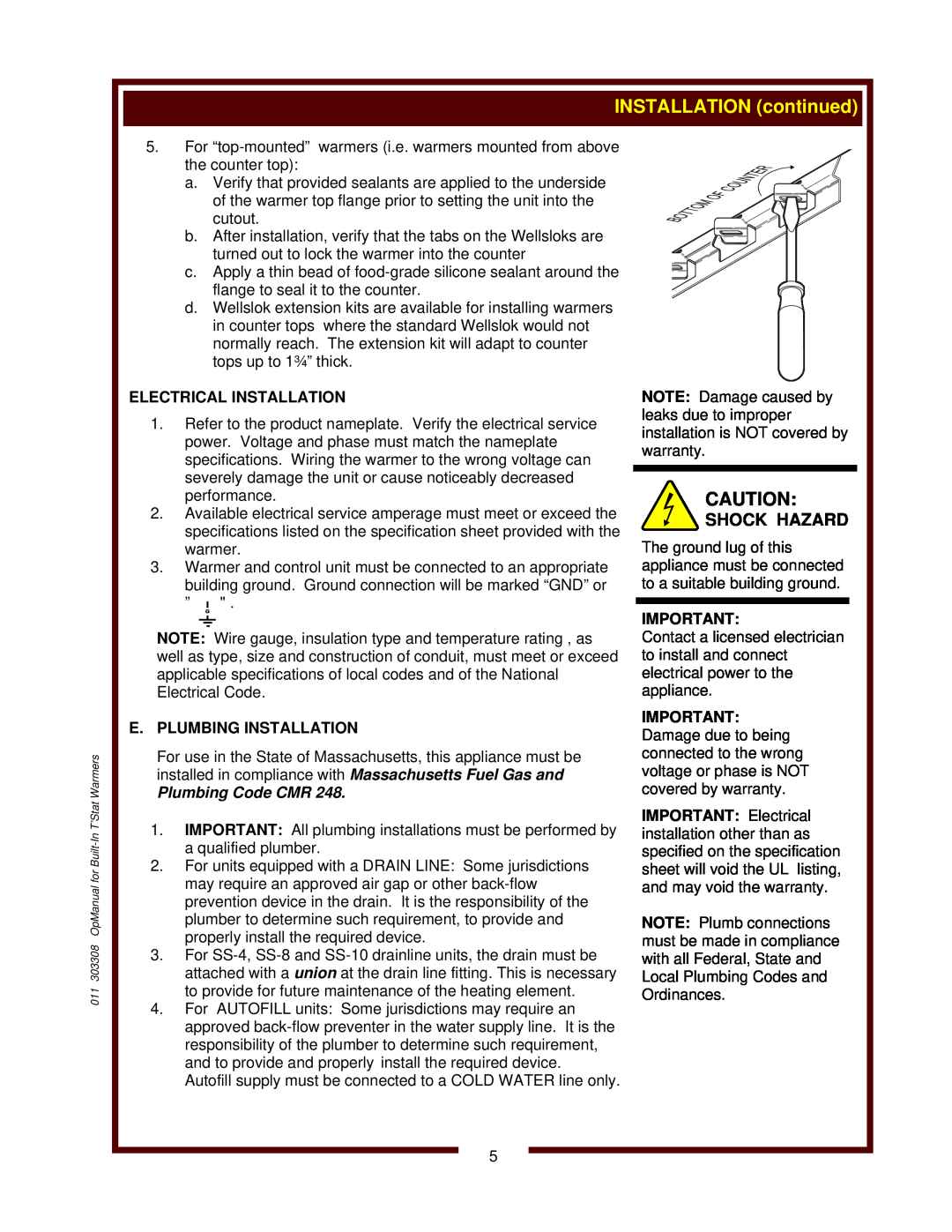 Wells MOD-427TDMAF, SS-10ULTD Shock Hazard, Electrical Installation, E. Plumbing Installation, Plumbing Code CMR 