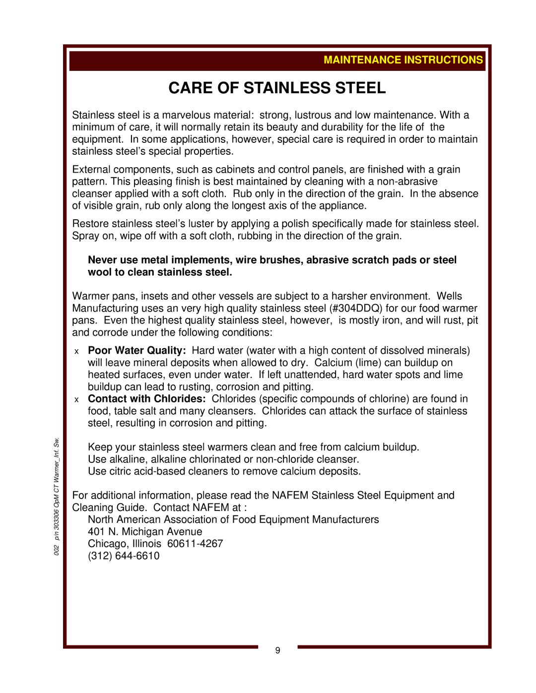 Wells SW-10 operation manual Care of Stainless Steel 