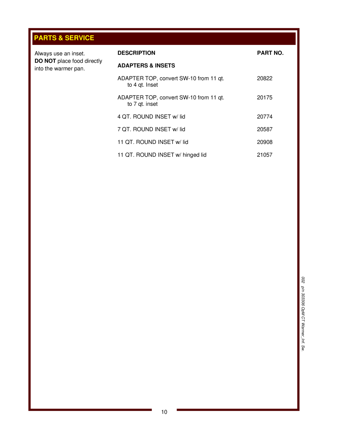 Wells SW-10 operation manual Description Adapters & Insets 