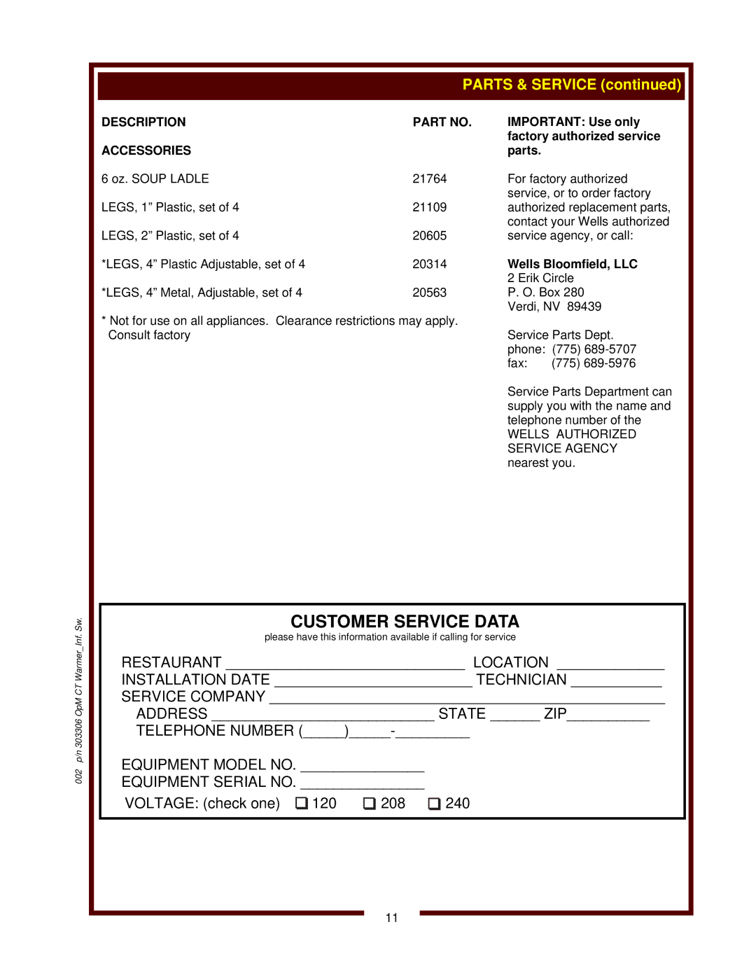 Wells SW-10 operation manual Important Use only factory authorized service parts 