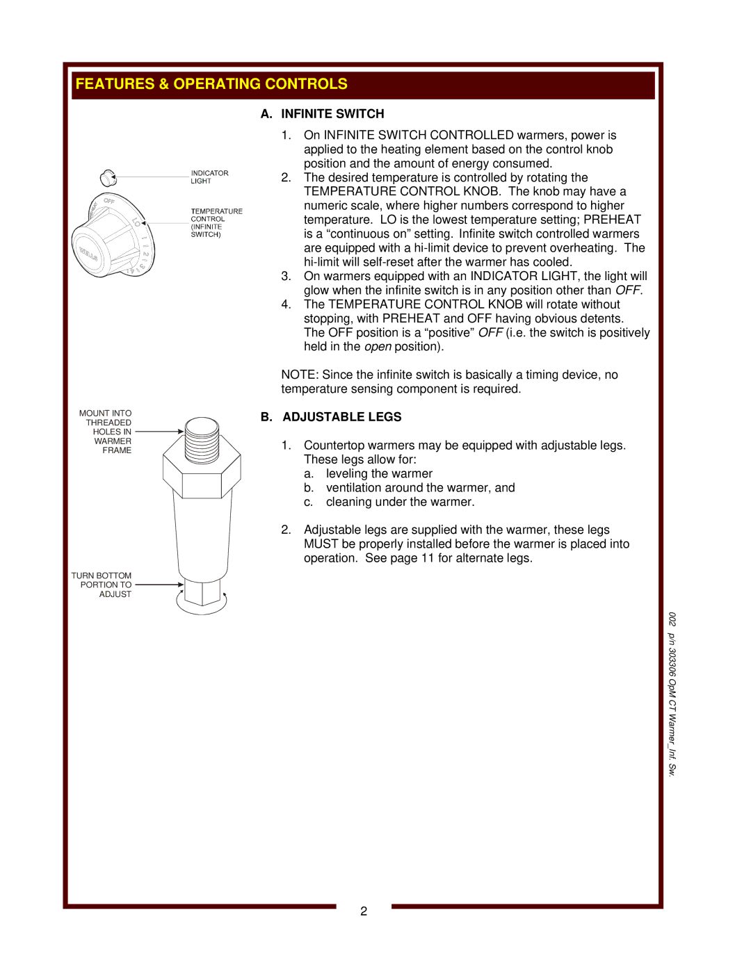 Wells SW-10 operation manual Infinite Switch, Adjustable Legs 