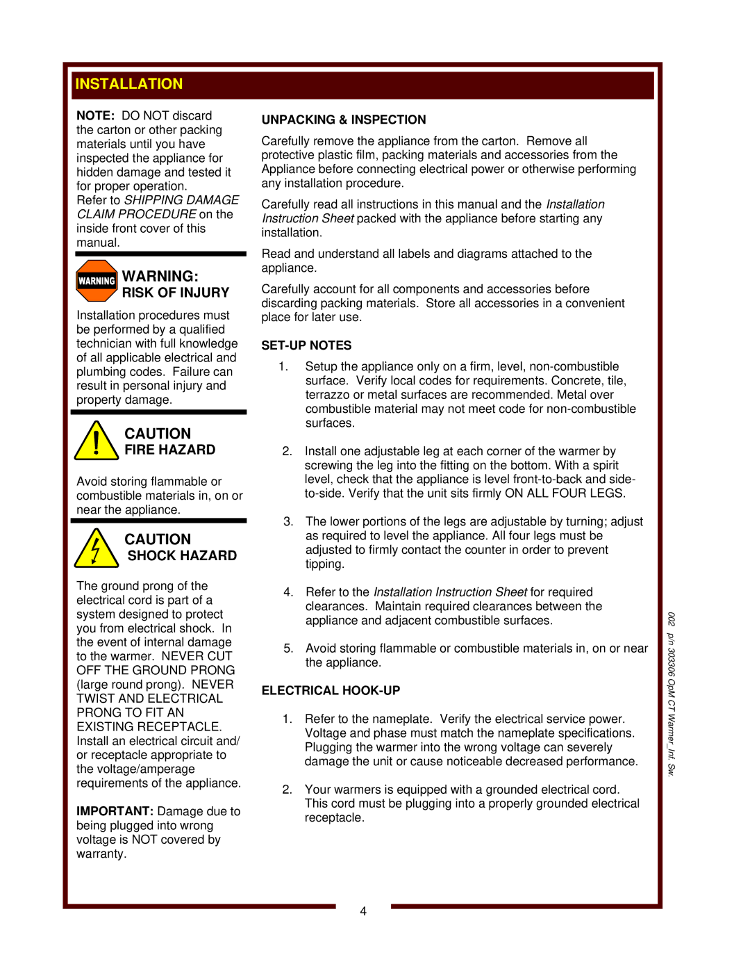 Wells SW-10 operation manual Risk of Injury, Fire Hazard, Unpacking & Inspection, SET-UP Notes, Electrical HOOK-UP 