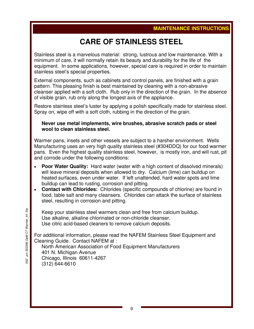 Wells SW-10 operation manual Care Of Stainless Steel 