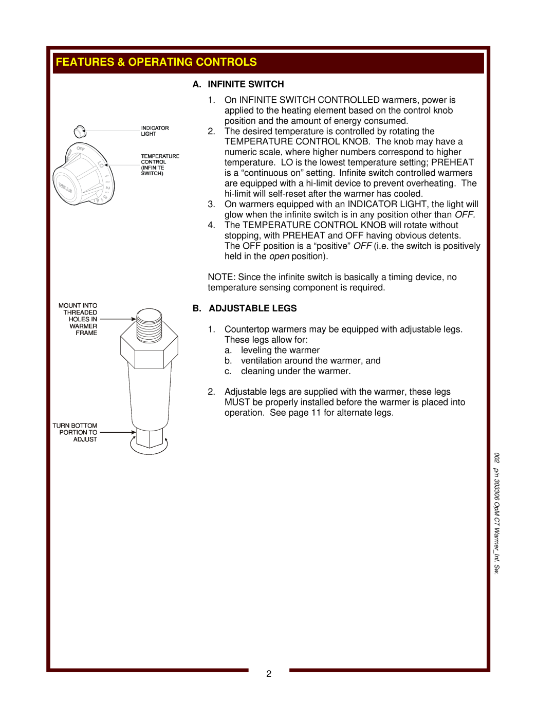 Wells SW-10 operation manual A. Infinite Switch, B. Adjustable Legs 