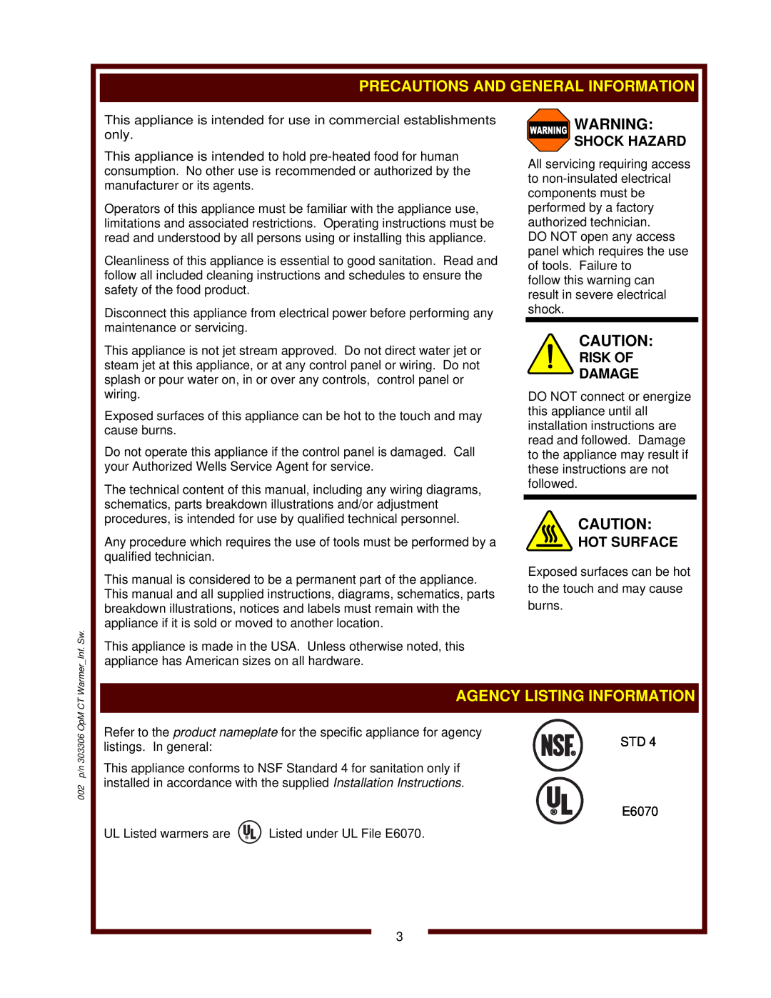 Wells SW-10 operation manual Agency Listing Information, Shock Hazard, Risk Of Damage, Hot Surface 