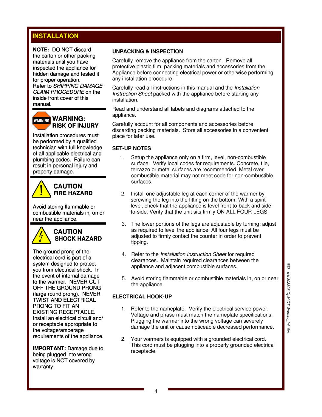 Wells SW-10 Risk Of Injury, Fire Hazard, Shock Hazard, Unpacking & Inspection, Set-Up Notes, Electrical Hook-Up 