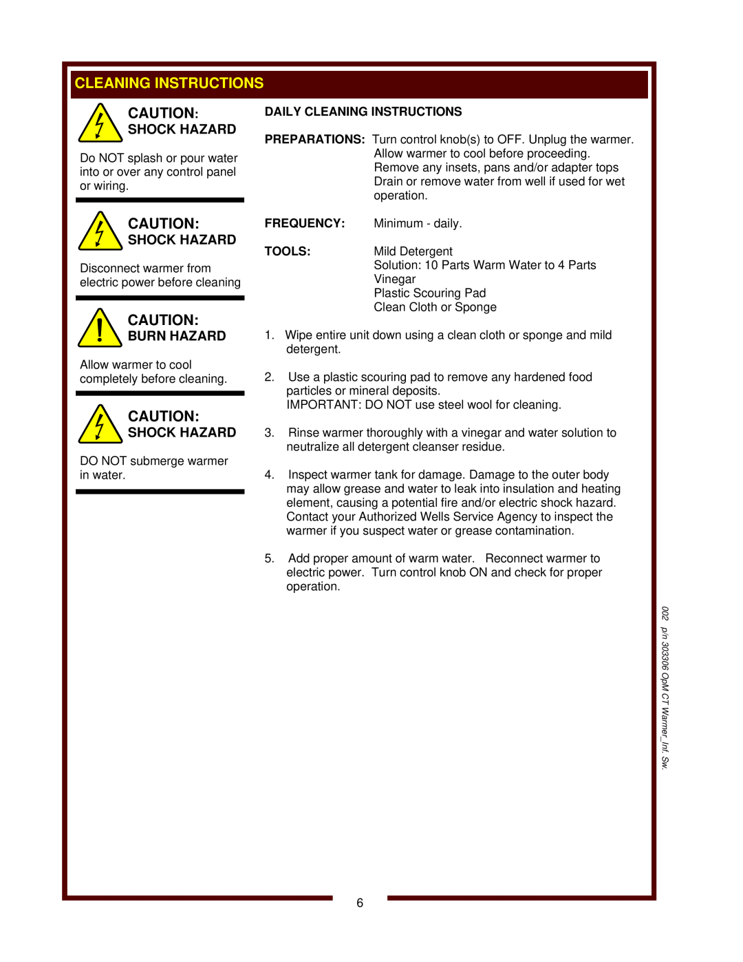 Wells SW-10 operation manual Shock Hazard, Burn Hazard, Daily Cleaning Instructions 