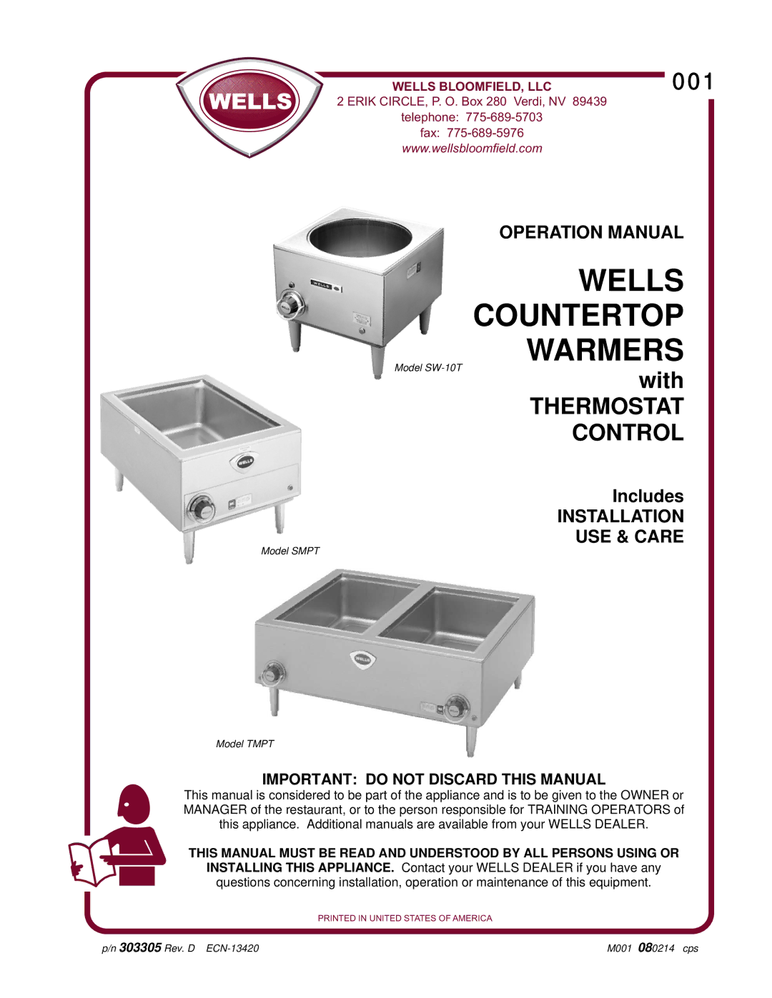 Wells TMPT, SW-10T, SMPT operation manual Wells Countertop Warmers 