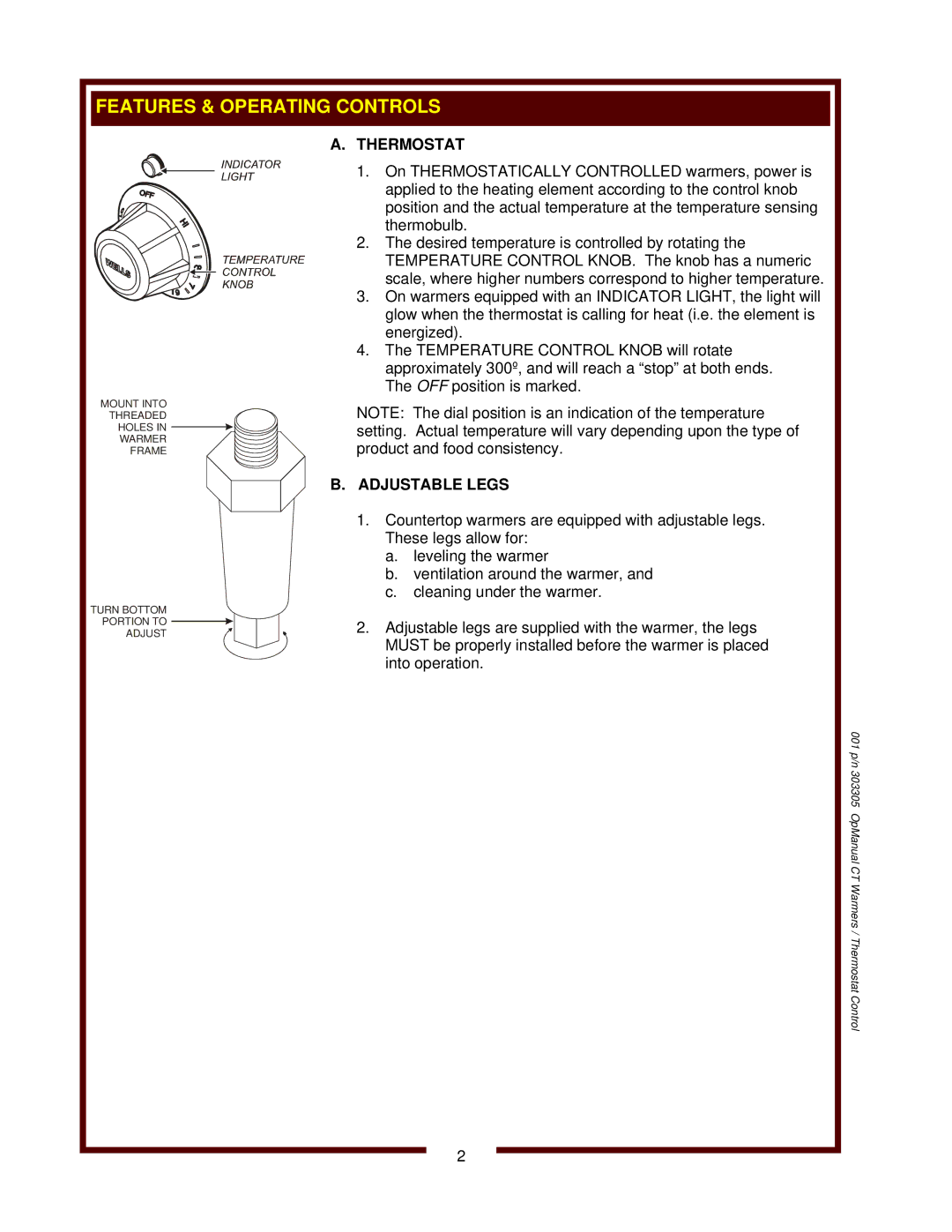 Wells TMPT, SW-10T, SMPT operation manual Thermostat, Adjustable Legs 