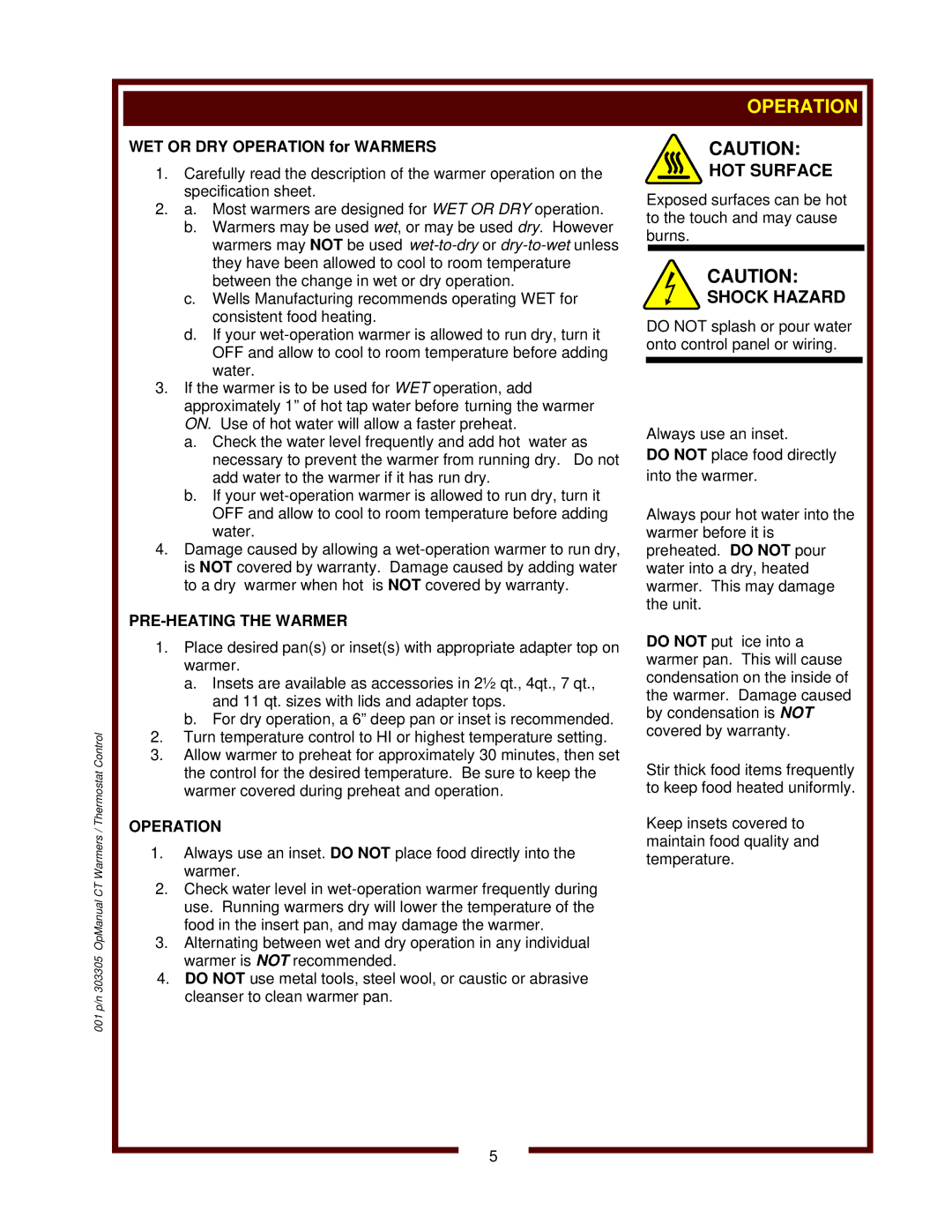 Wells TMPT, SW-10T, SMPT operation manual PRE-HEATING the Warmer, Operation 