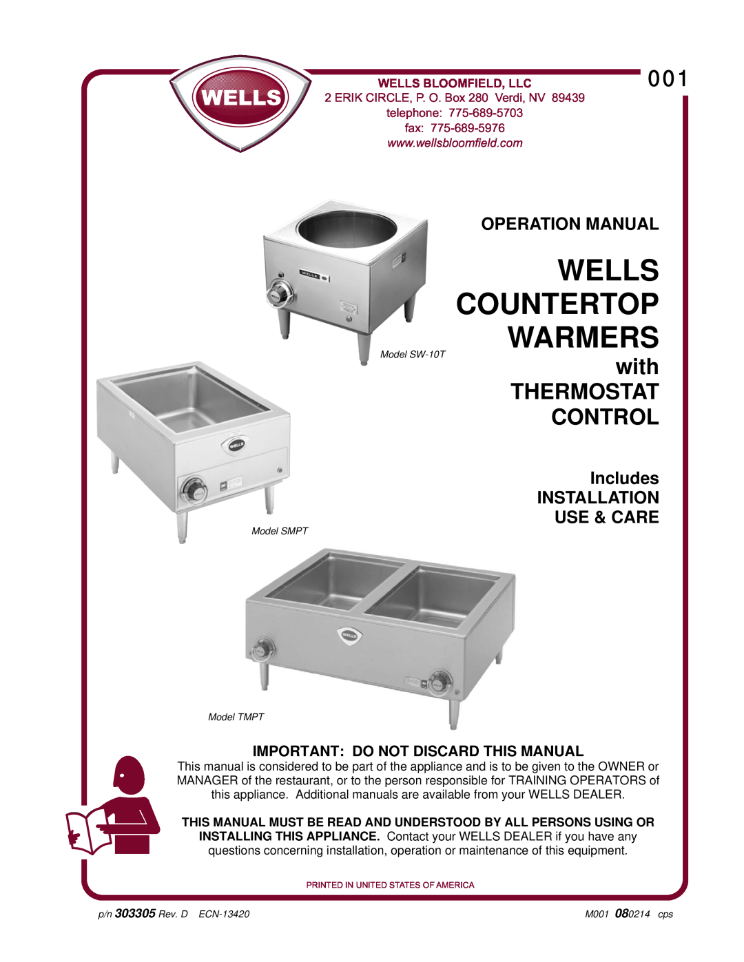 Wells TMPT operation manual with, Thermostat Control, Important Do Not Discard This Manual, Wells Countertop Warmers, fax 