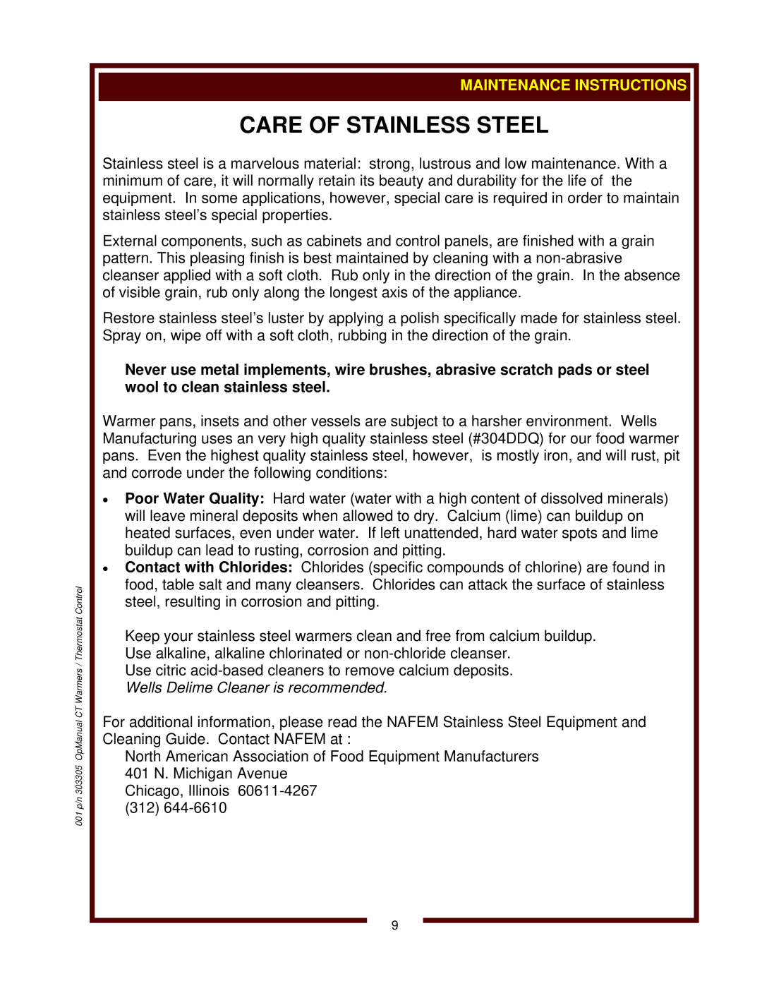 Wells SMPT, SW-10T, TMPT operation manual Care Of Stainless Steel 