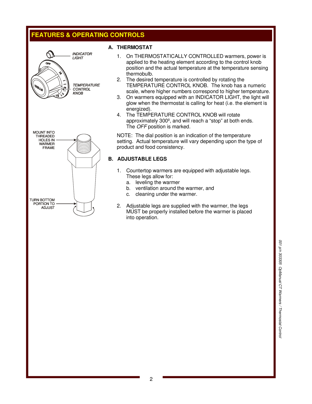 Wells TMPT, SW-10T, SMPT operation manual A.Thermostat, B.Adjustable Legs 