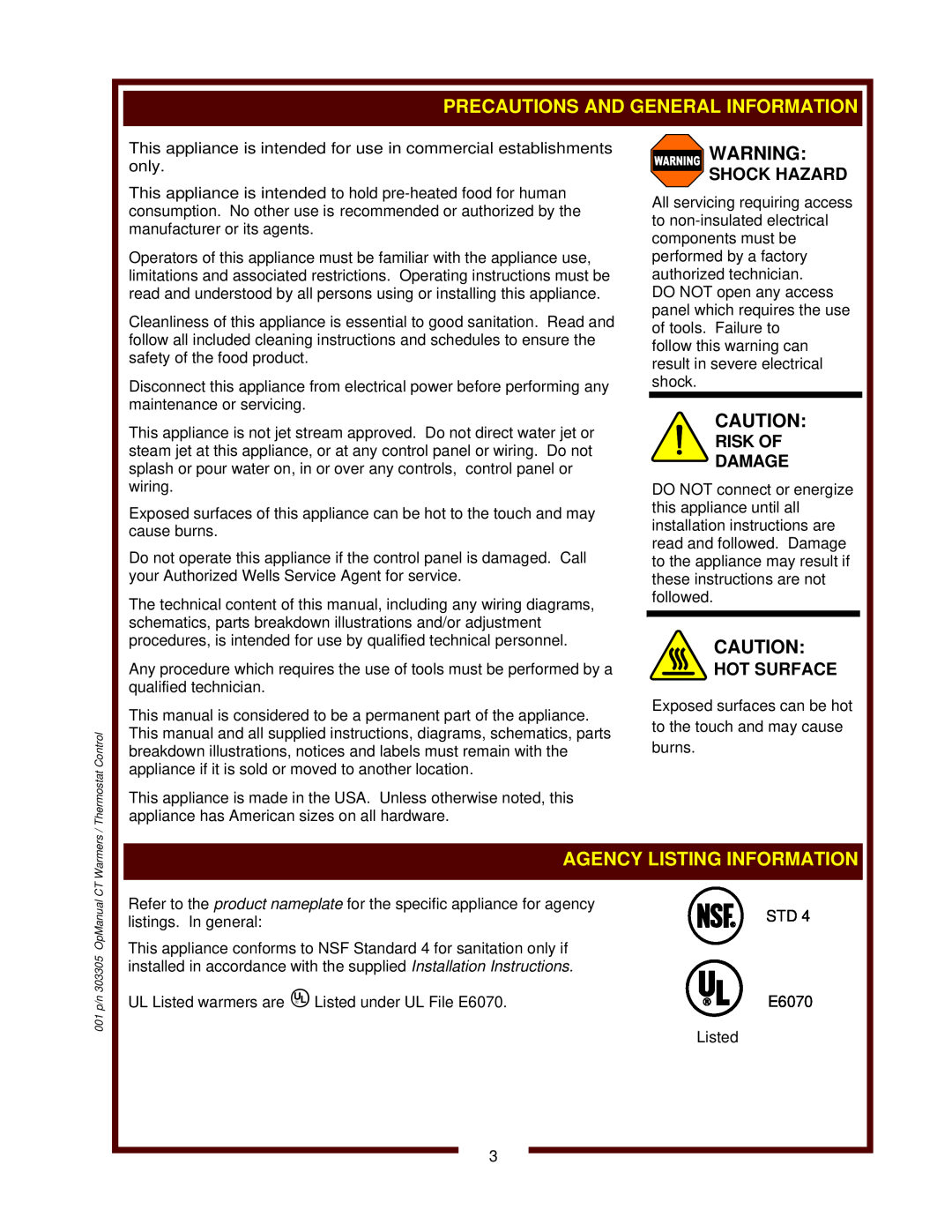 Wells SMPT, SW-10T, TMPT operation manual Agency Listing Information, Shock Hazard, Risk Of Damage, Hot Surface 