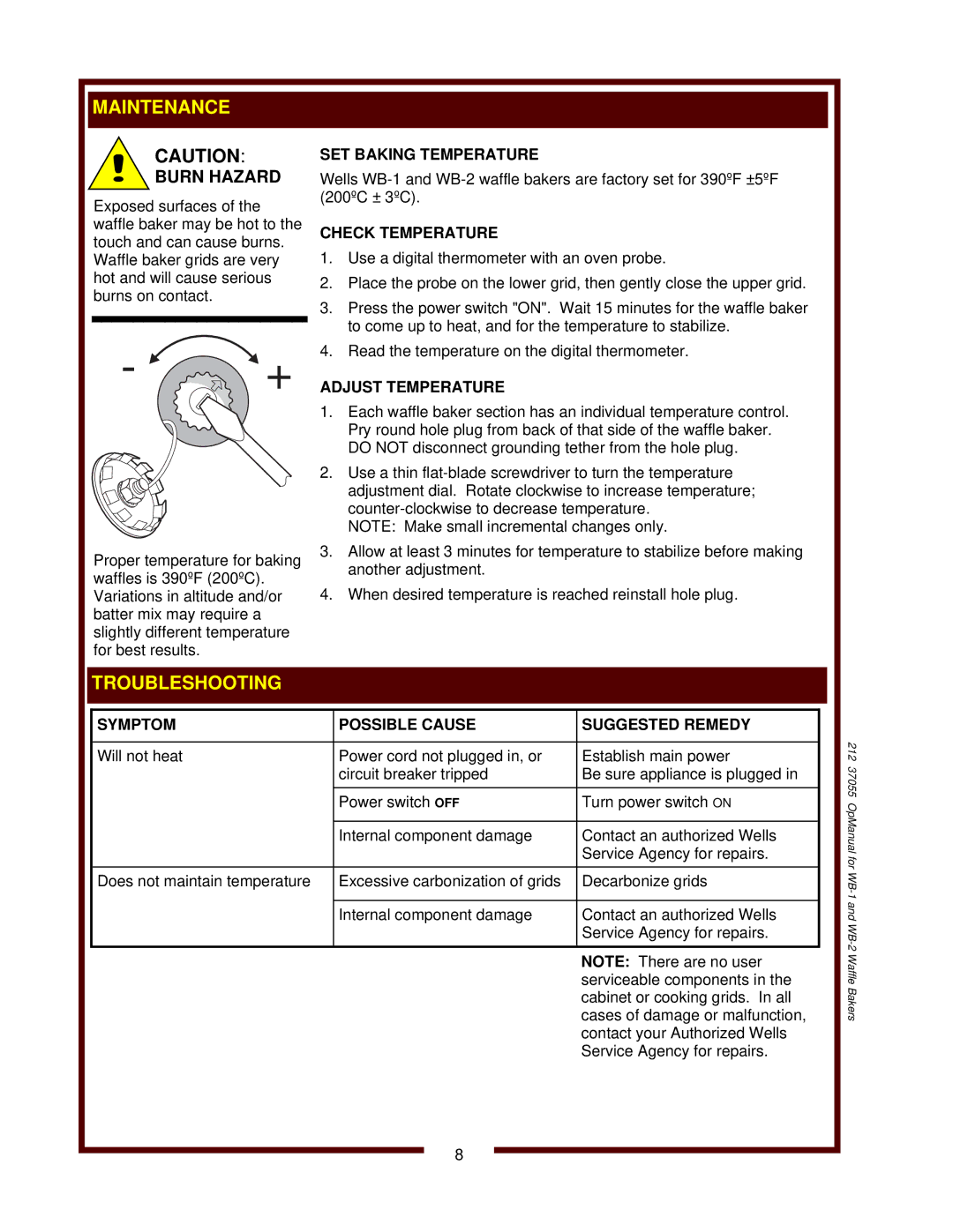 Wells WB-1 operation manual Maintenance, Troubleshooting 