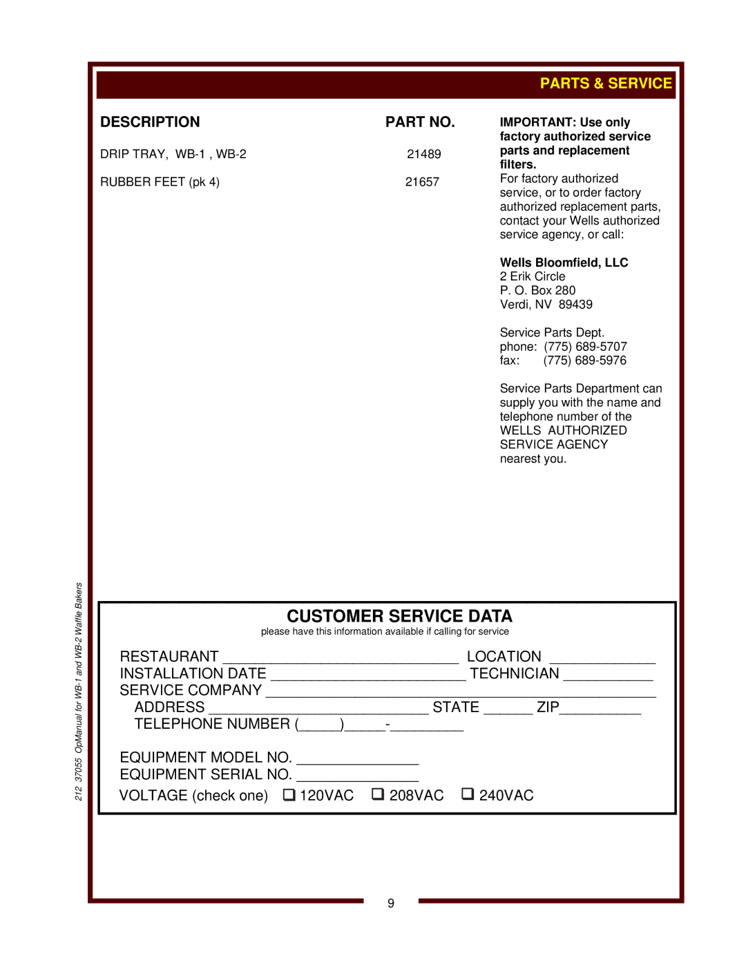 Wells WB-1 operation manual Wells Bloomfield, LLC 