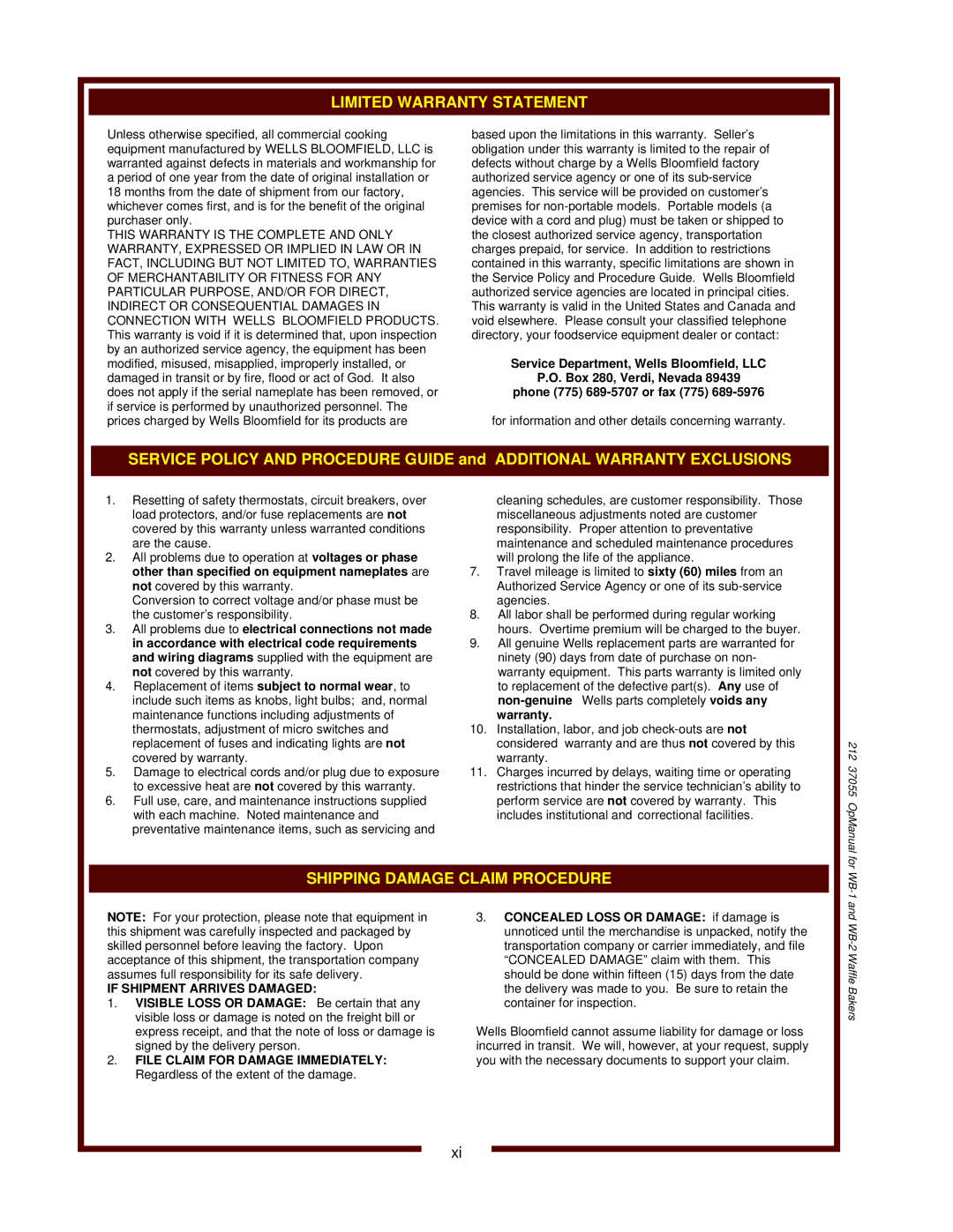 Wells operation manual 212 37055 OpManual for WB-1 and WB-2 Waffle Bakers 