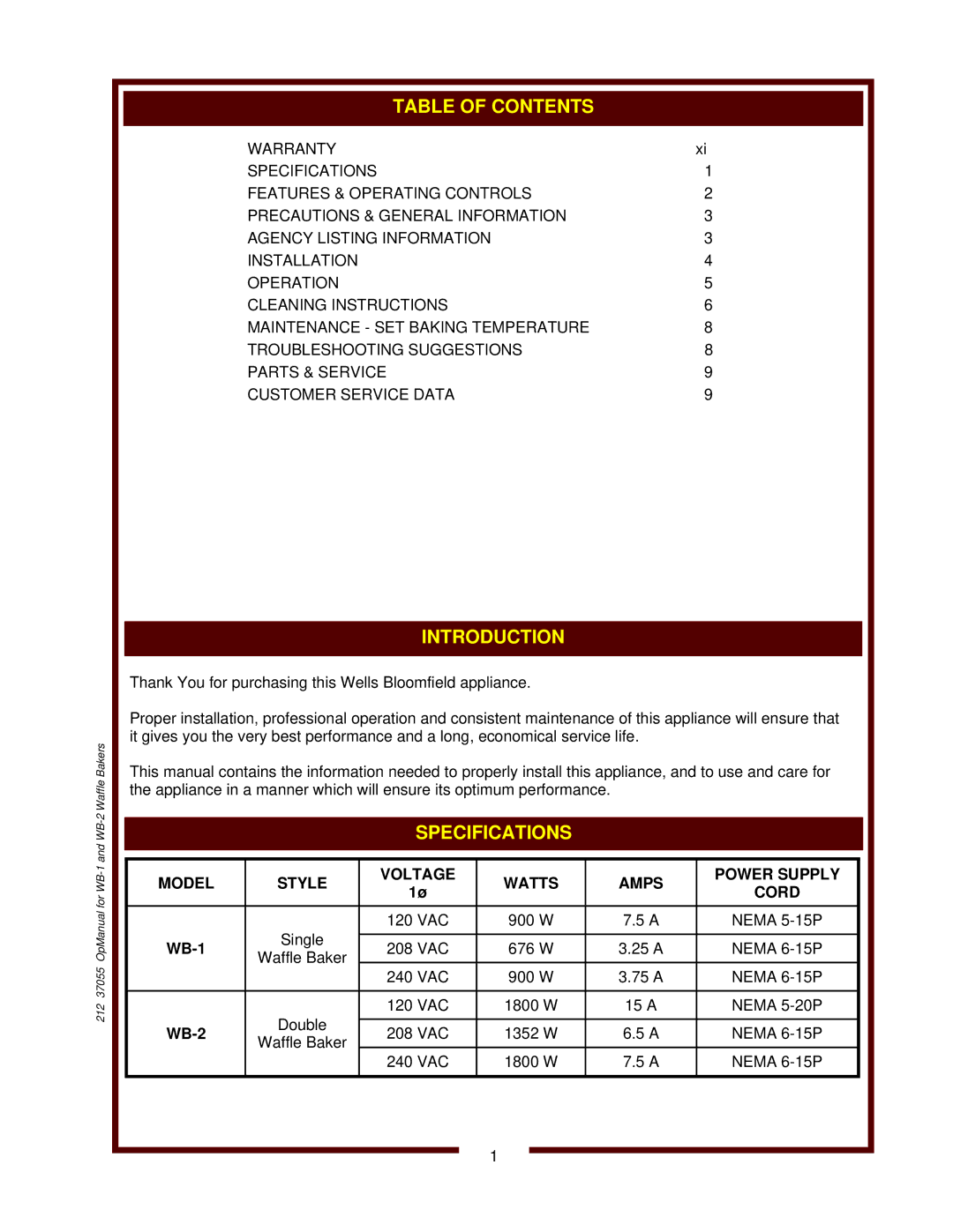 Wells WB-1 operation manual Introduction, Model Style Voltage Watts Amps Power Supply Cord, WB-2 