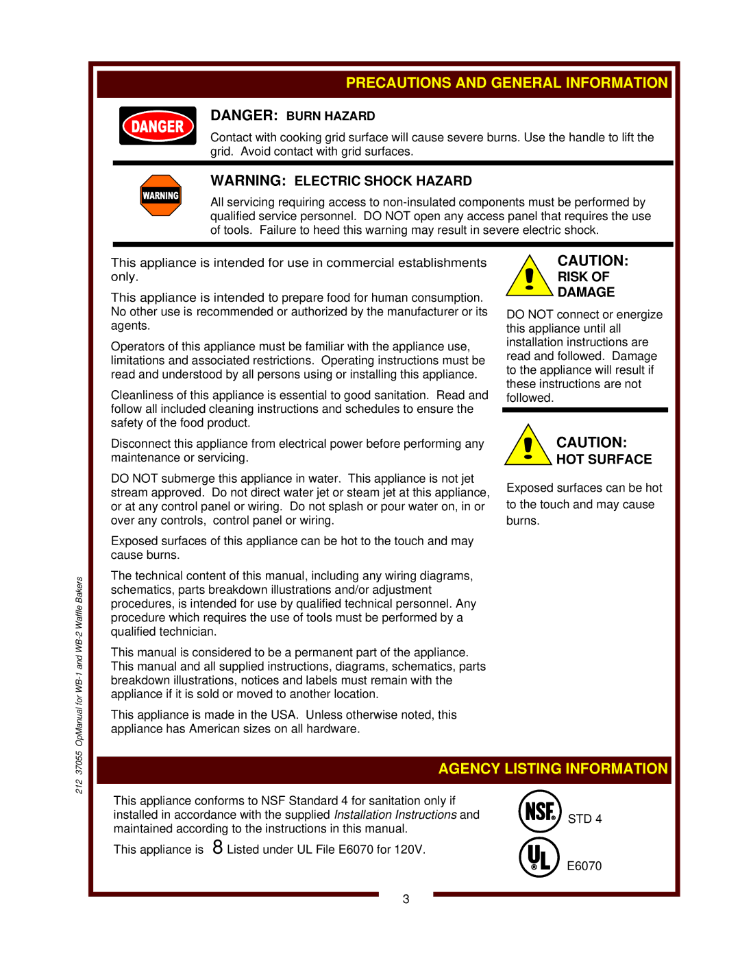 Wells WB-1 operation manual Agency Listing Information, Risk Damage, HOT Surface 