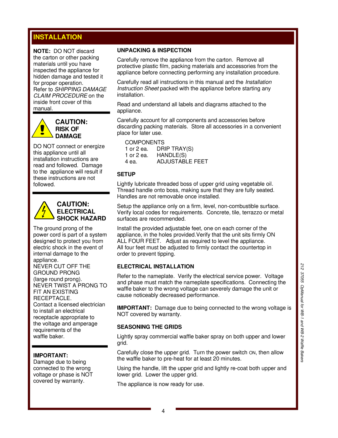 Wells operation manual 212 37055 OpManual for WB-1 and WB-2 Waffle Bakers 