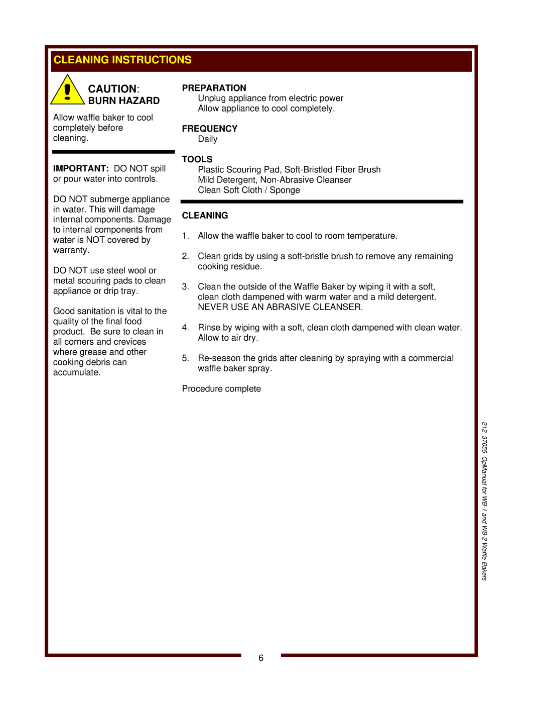 Wells WB-1 operation manual Cleaning Instructions, Burn Hazard 