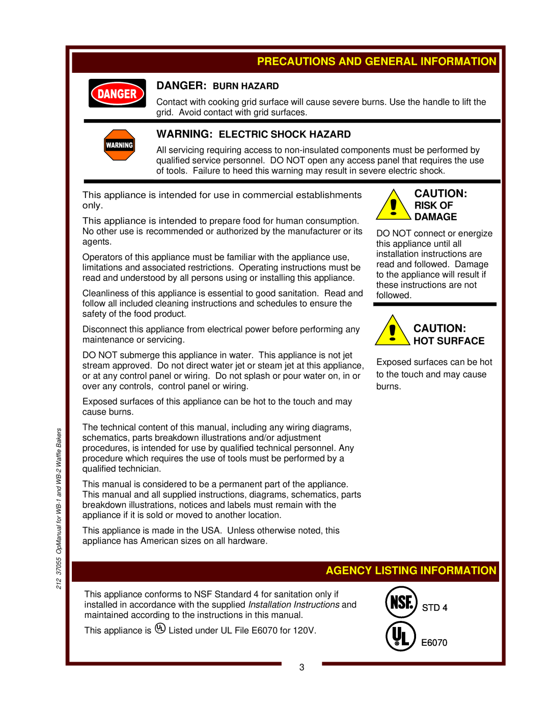 Wells WB-1 Agency Listing Information, Warning Electric Shock Hazard, Risk Of Damage, Hot Surface, Danger Burn Hazard 