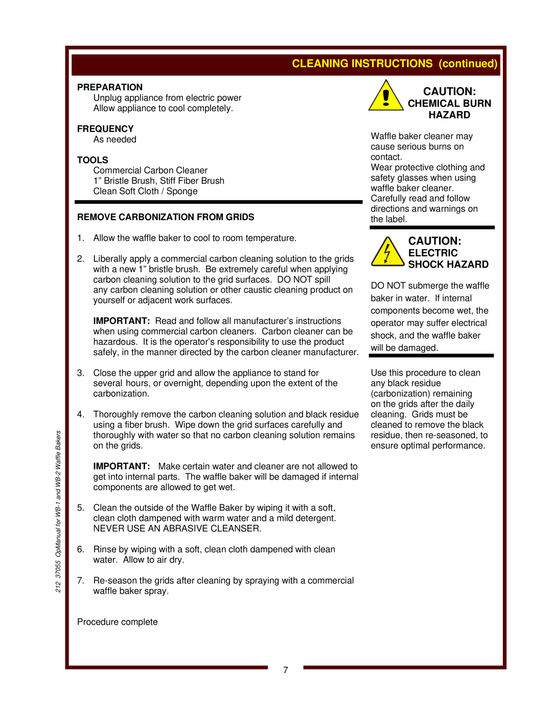 Wells WB-1 CLEANING INSTRUCTIONS continued, Chemical Burn Hazard, Remove Carbonization From Grids, Electric Shock Hazard 