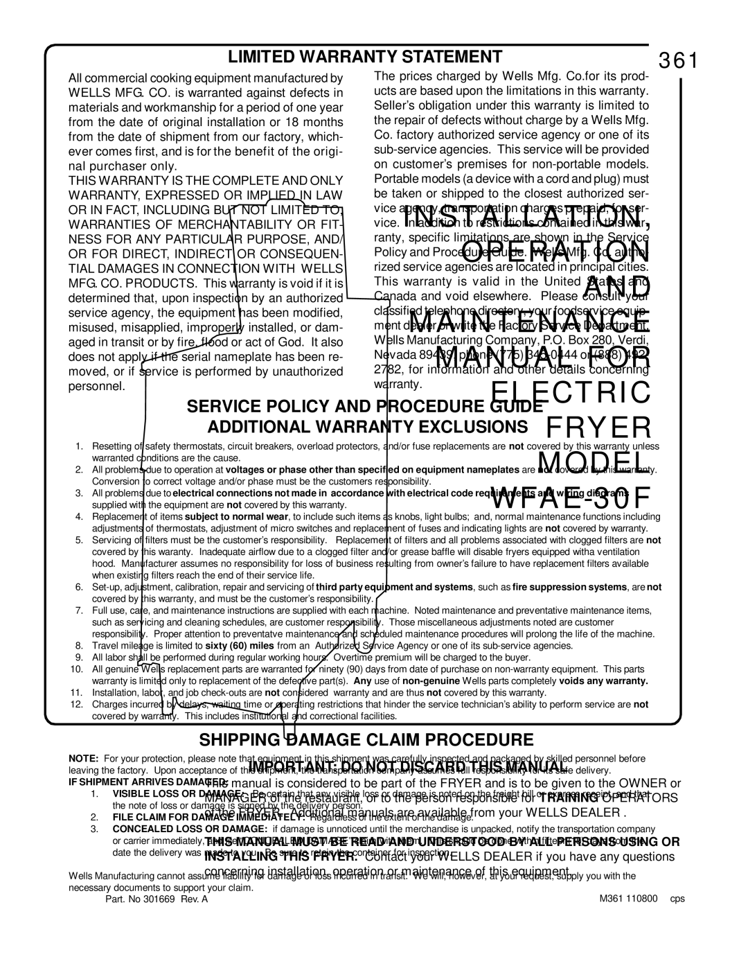 Wells WFAE-30F manual Limited Warranty Statement, Shipping Damage Claim Procedure 