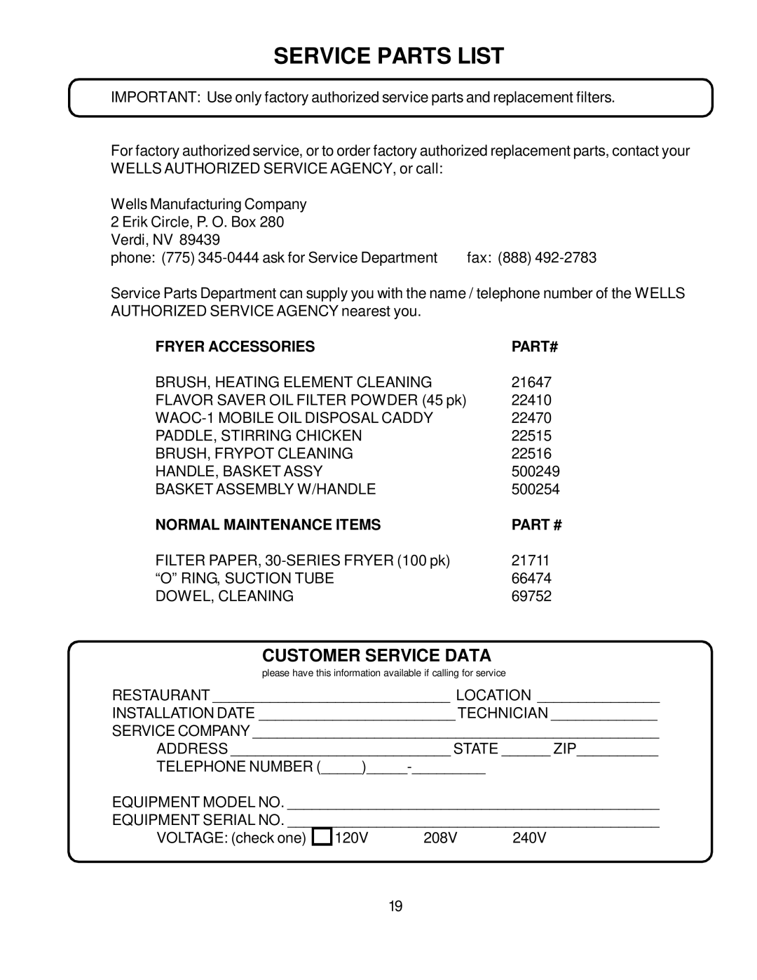 Wells WFAE-30F manual Service Parts List, Customer Service Data, Fryer Accessories PART#, Normal Maintenance Items 