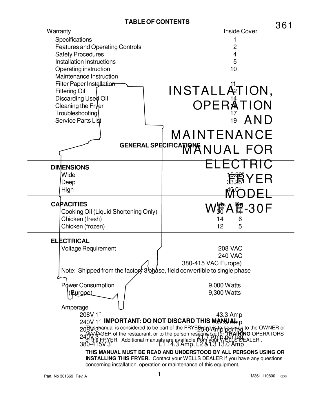 Wells WFAE-30F manual Table of Contents, General Specifications Dimensions, Capacities, Electrical 