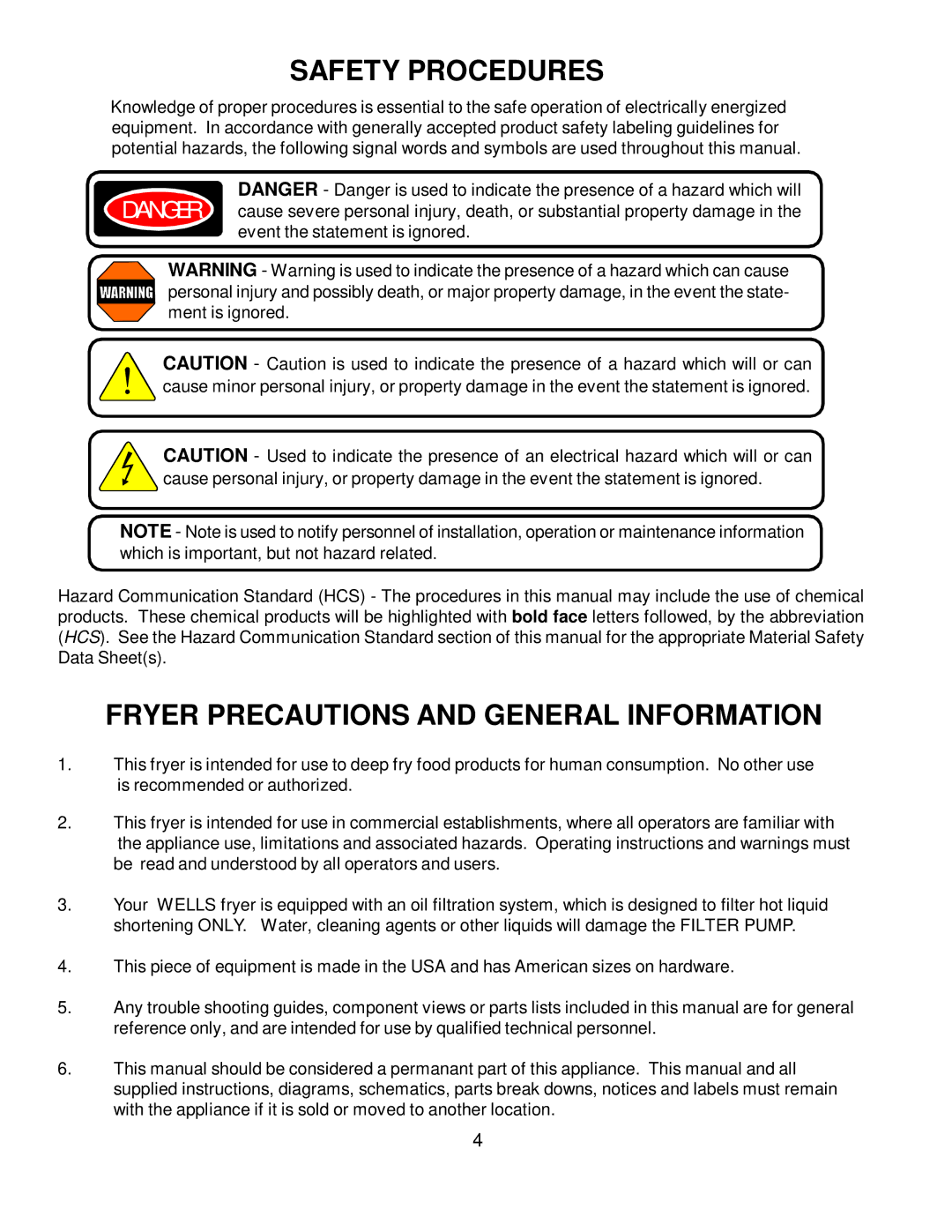 Wells WFAE-30F manual Safety Procedures, Fryer Precautions and General Information 