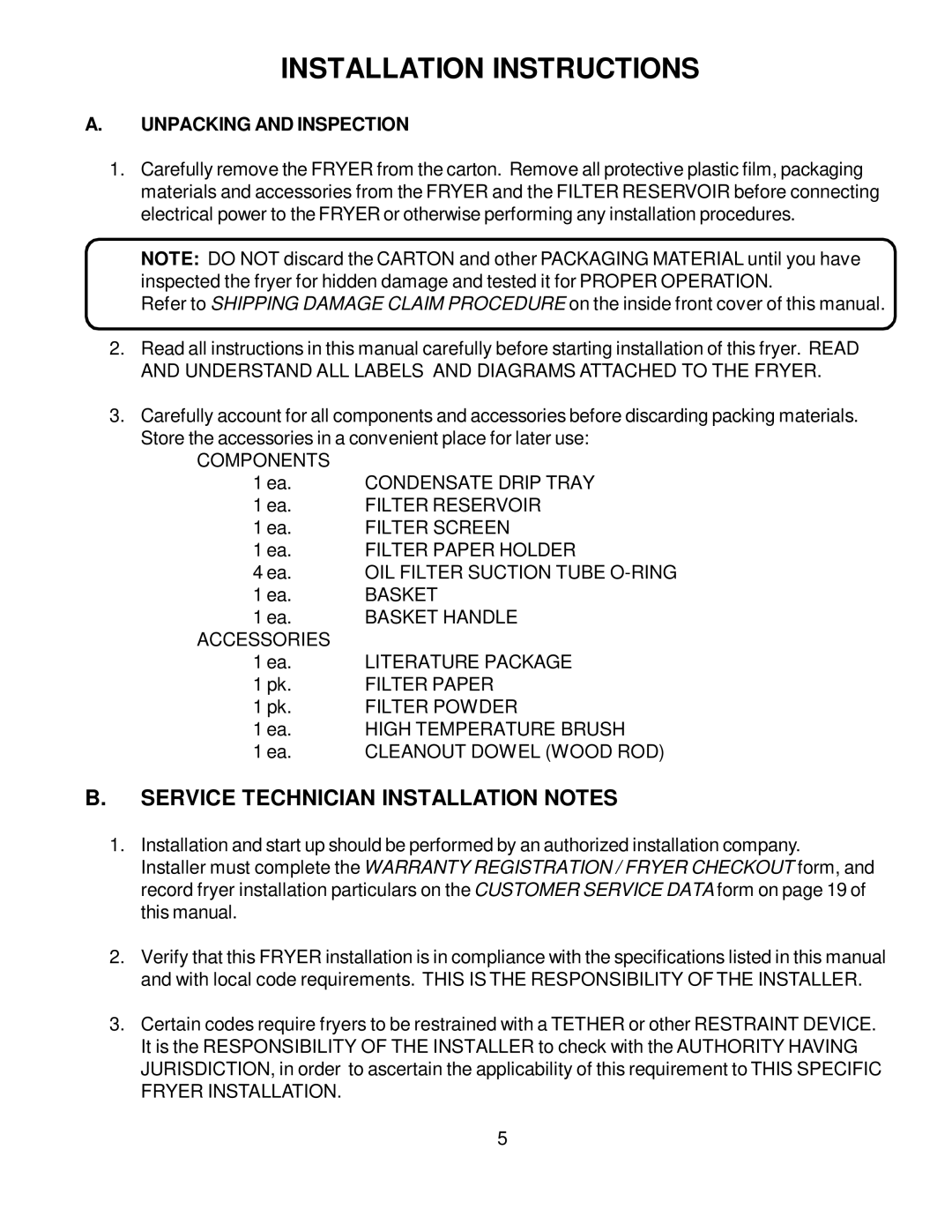 Wells WFAE-30F manual Installation Instructions, Service Technician Installation Notes, Unpacking and Inspection 