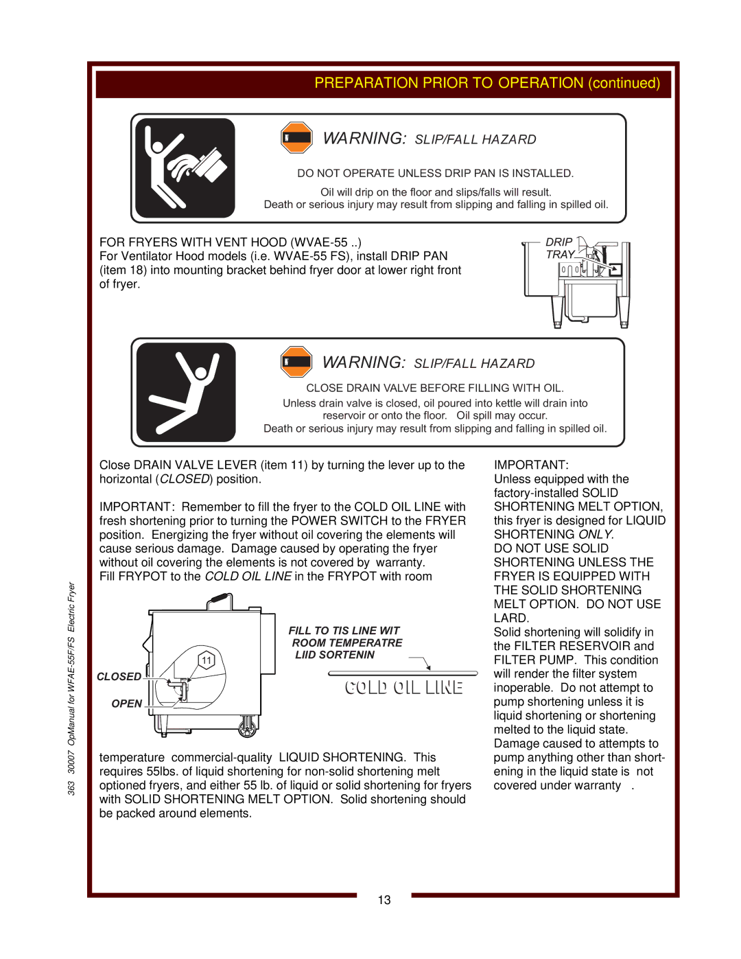 Wells WFAE-55F operation manual For Fryers with Vent Hood WVAE-55…, Solid Shortening Melt OPTION. do not USE Lard 