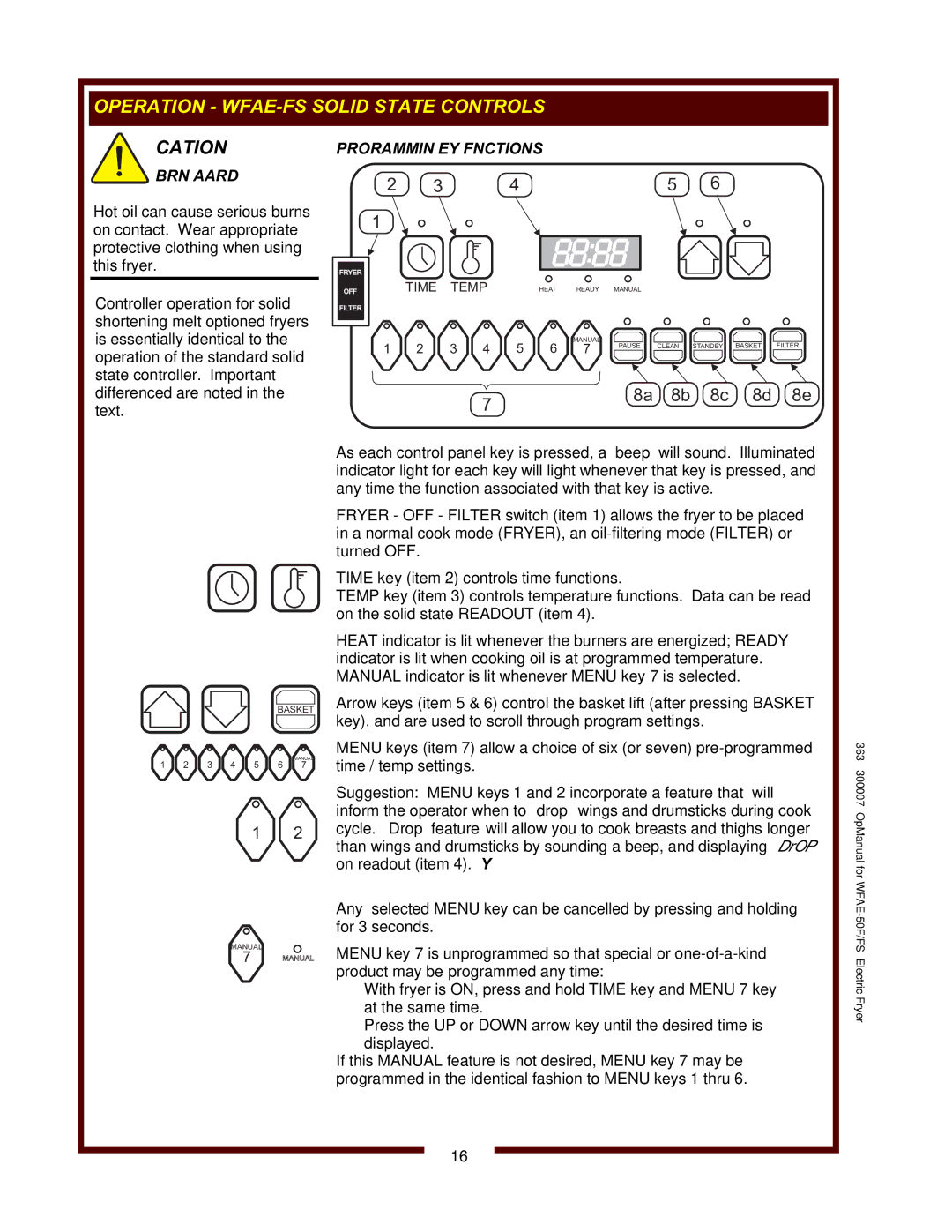 Wells WFAE-55F operation manual Programming KEY Functions 