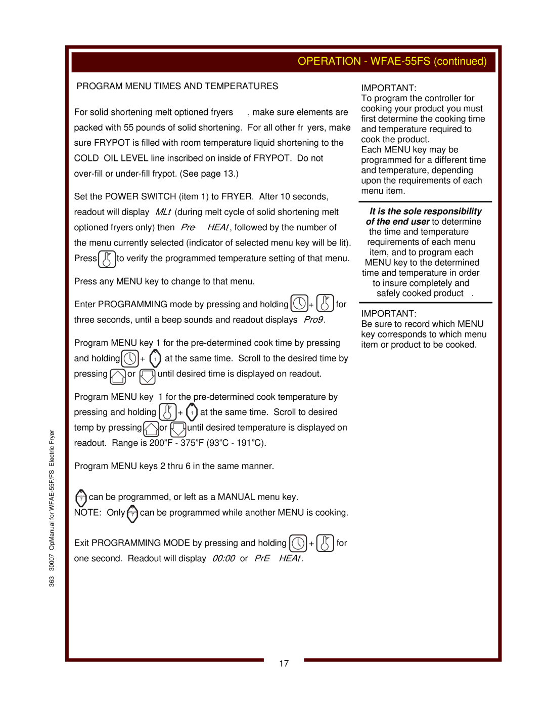 Wells WFAE-55F operation manual Program Menu Times and Temperatures 