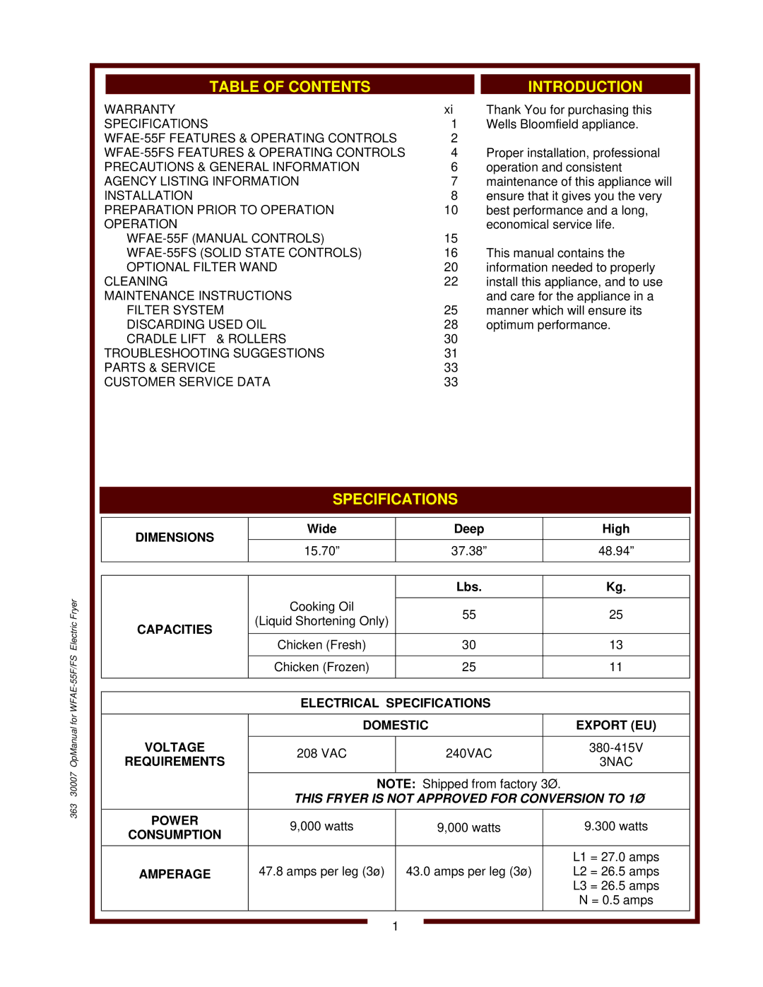 Wells WFAE-55F Dimensions, Capacities, Electrical Specifications Domestic Export EU Voltage, Requirements, Power, Amperage 