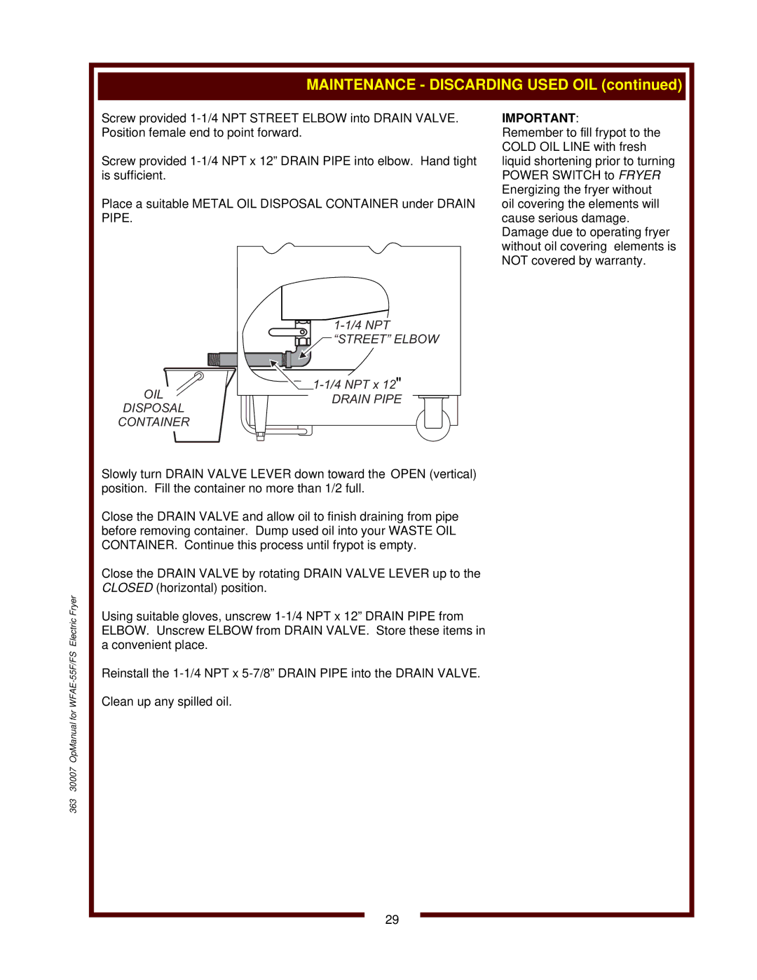 Wells WFAE-55F operation manual OIL Disposal Container 4 NPT Street Elbow 