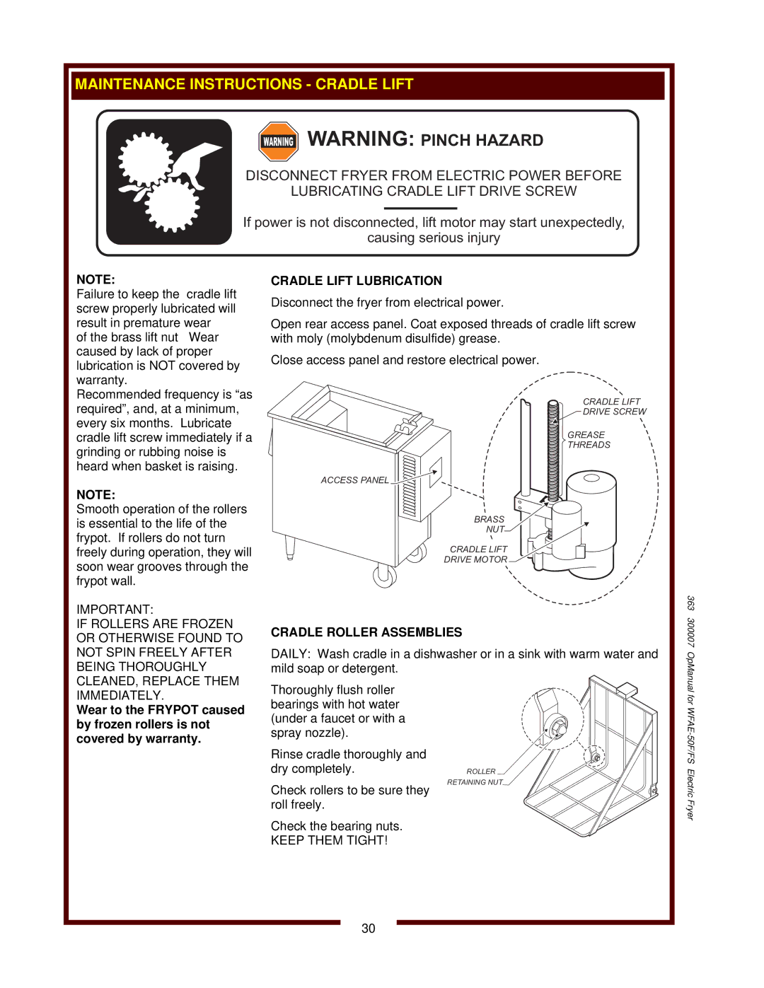 Wells WFAE-55F operation manual Cradle Lift Lubrication, Cradle Roller Assemblies, Immediately, Keep Them Tight 