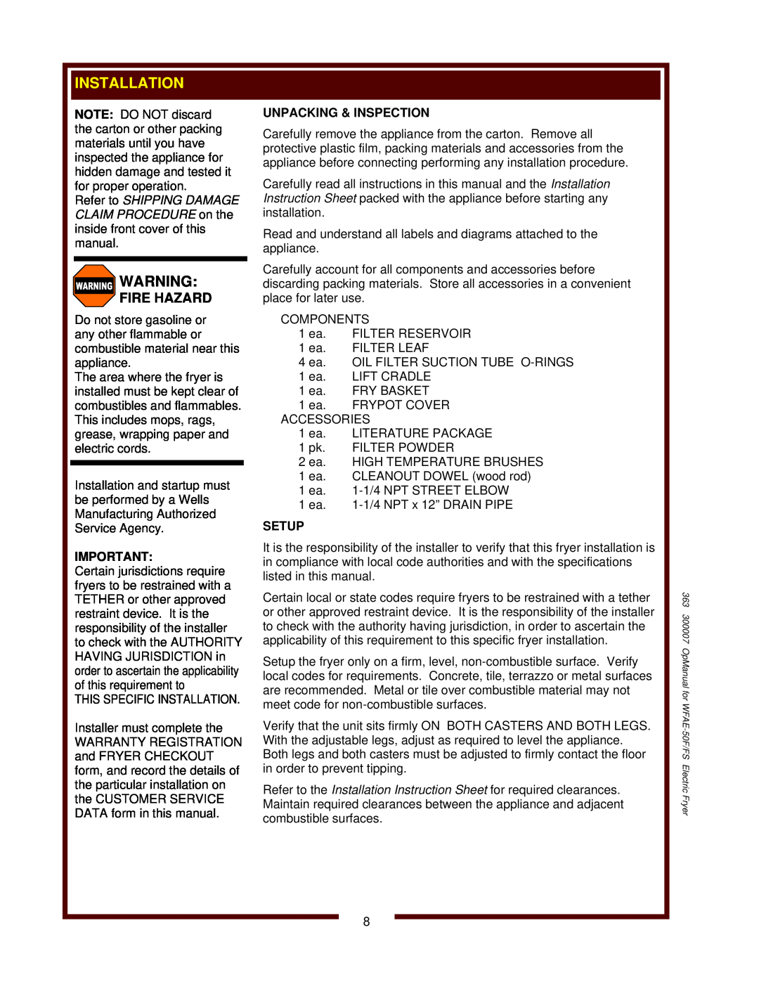 Wells WFAE-55F operation manual 363 300007 OpManual for WFAE-50F/FSElectric Fryer 