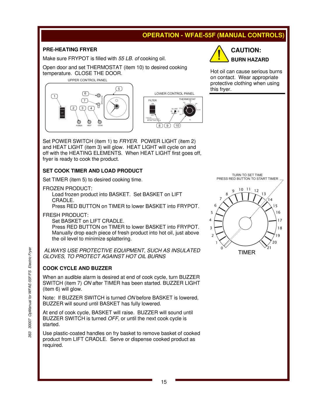 Wells WFAE-55F operation manual Pre-Heatingfryer, Burn Hazard, Set Cook Timer And Load Product, Cook Cycle And Buzzer 