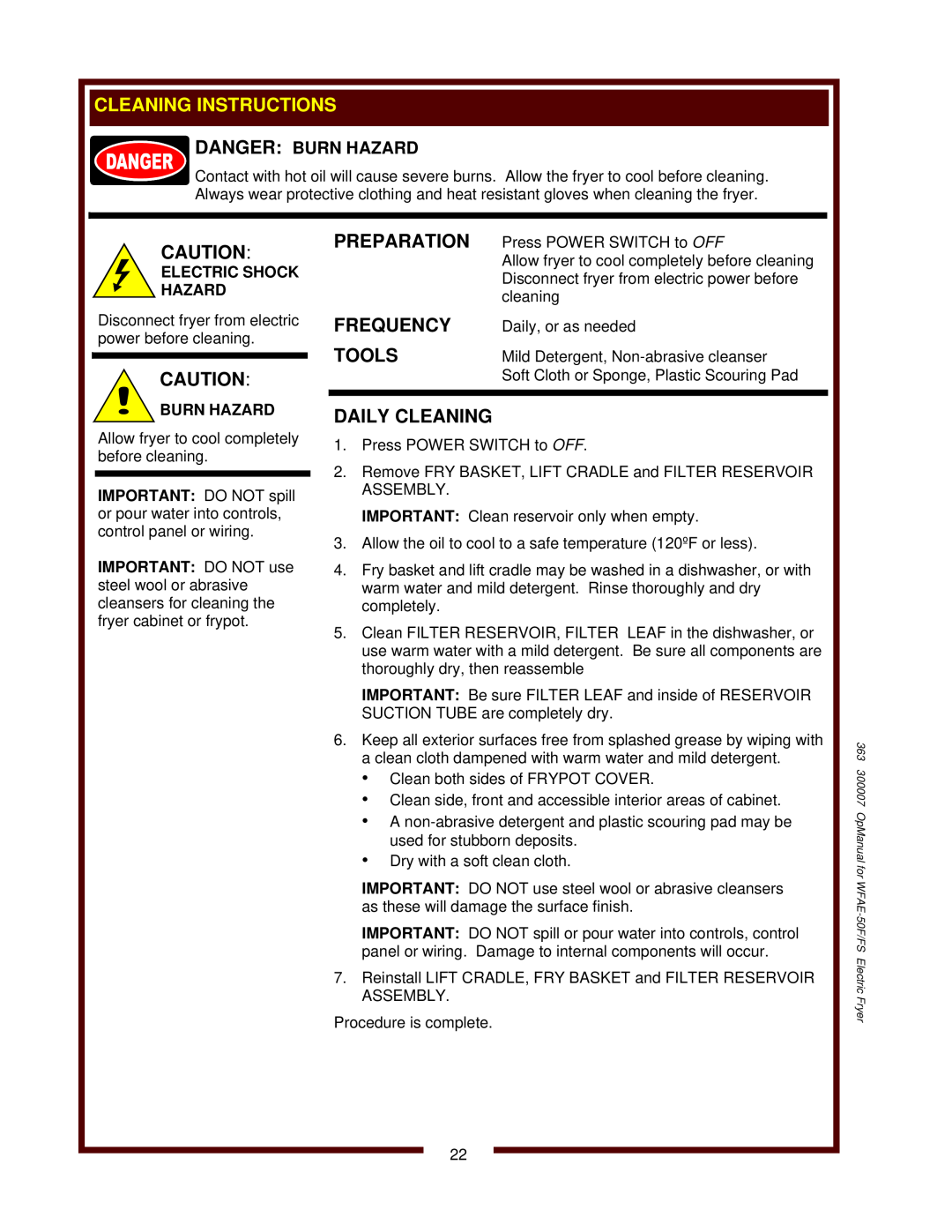 Wells WFAE-55F operation manual Cleaning Instructions, Preparation, Frequency, Tools, Daily Cleaning, Danger Burn Hazard 