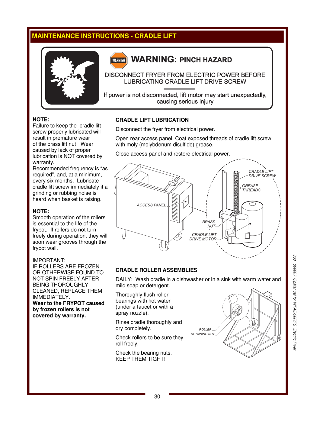 Wells WFAE-55F Warningwarning Pinch Hazard, Maintenance Instructions - Cradle Lift, Lubricating Cradle Lift Drive Screw 