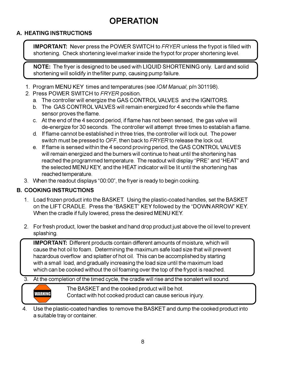 Wells WFGA-60FS service manual Operation, Heating Instructions, Cooking Instructions 